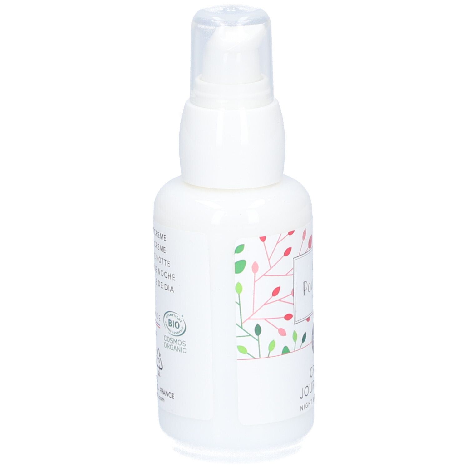 Flacon blanc avec pompe. Inscription: Les Poulettes Paris, Crème Jour & Nuit, certification Bio. Motif floral.