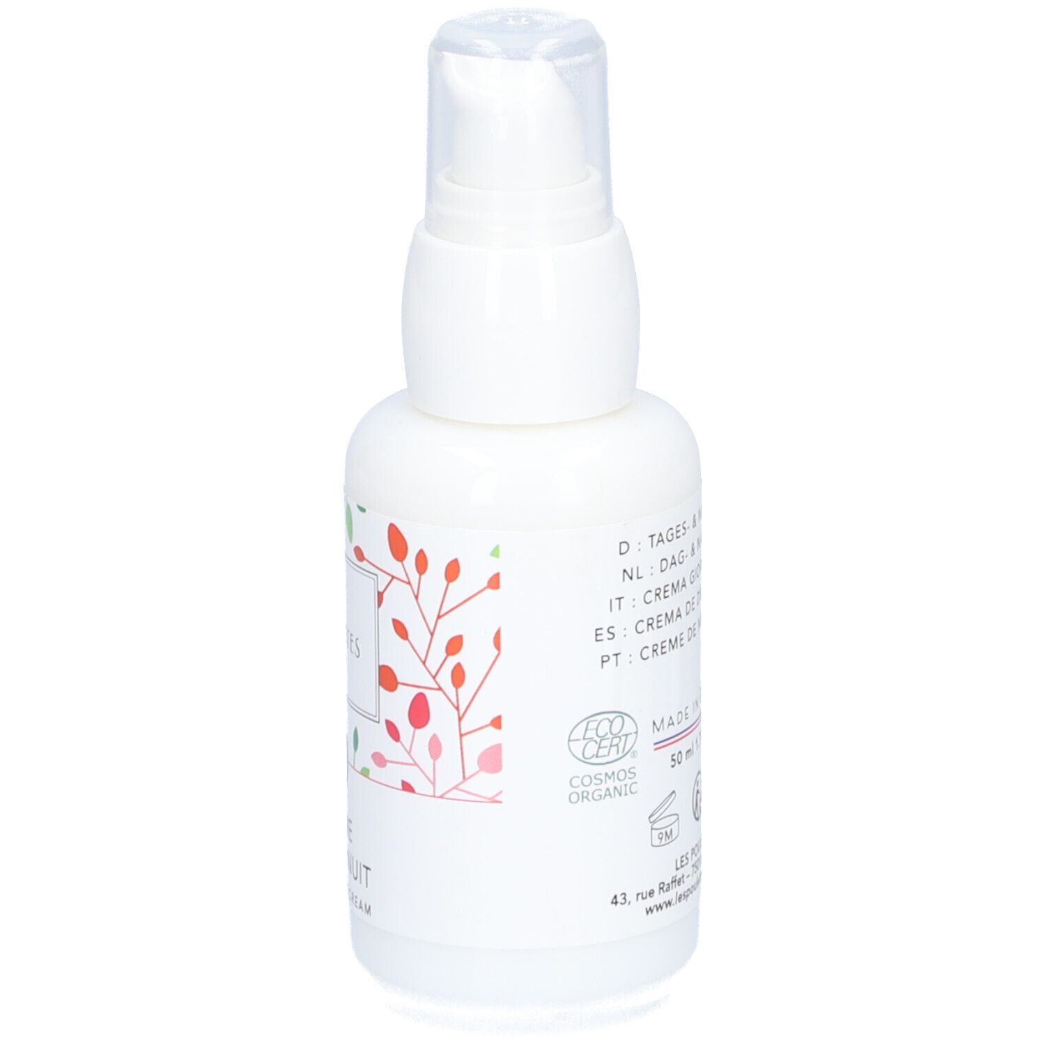 Flacon blanc avec pompe. Inscription: Les Poulettes Paris, Crème Jour & Nuit, certification Bio. Motif floral.