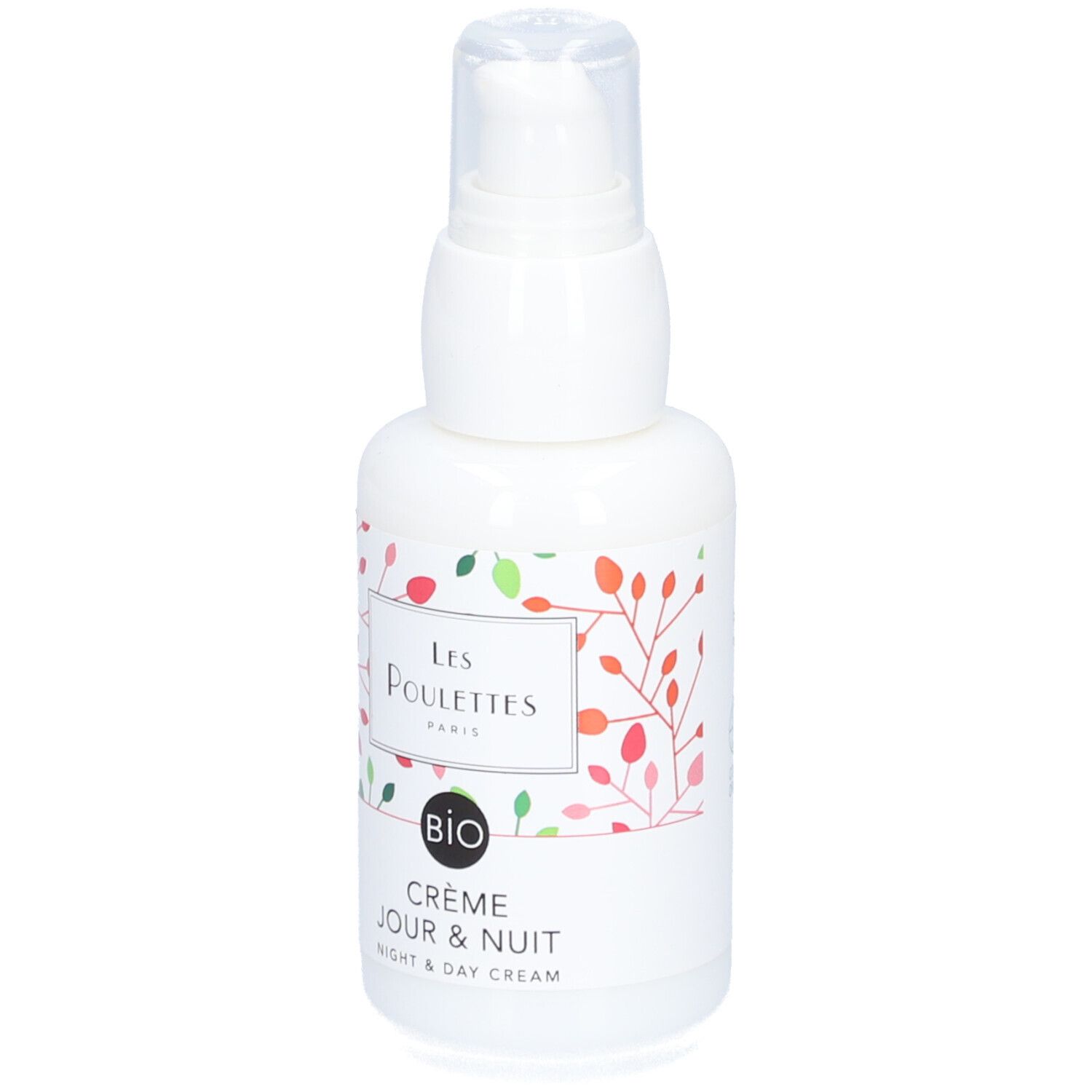 Flacon blanc avec pompe. Inscription: Les Poulettes Paris, Crème Jour & Nuit, certification Bio. Motif floral.
