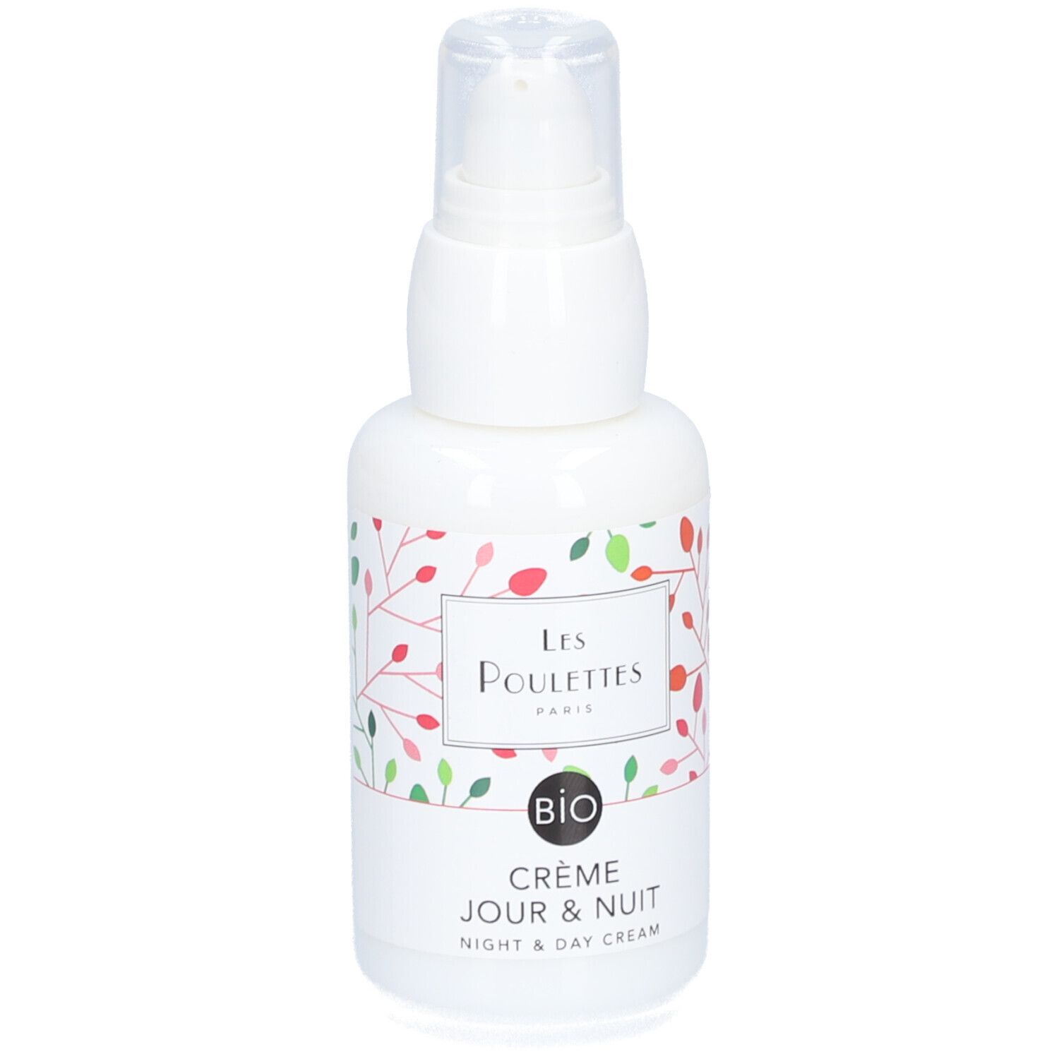 Flacon blanc avec pompe. Inscription: Les Poulettes Paris, Crème Jour & Nuit, certification Bio. Motif floral.