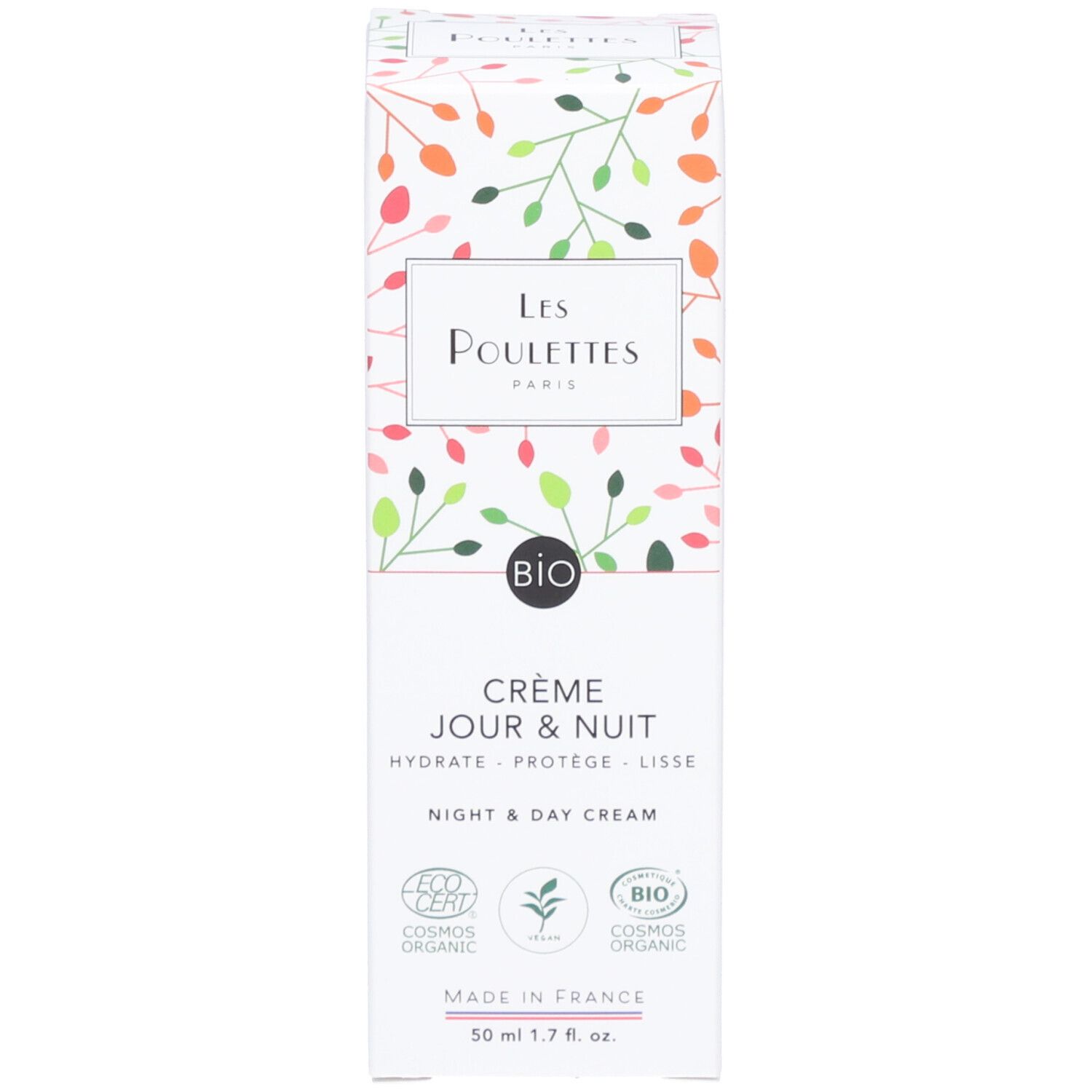 Emballage carton. Inscription: Les Poulettes Paris, Crème Jour & Nuit, certification Bio. Motif floral. 50 ml.