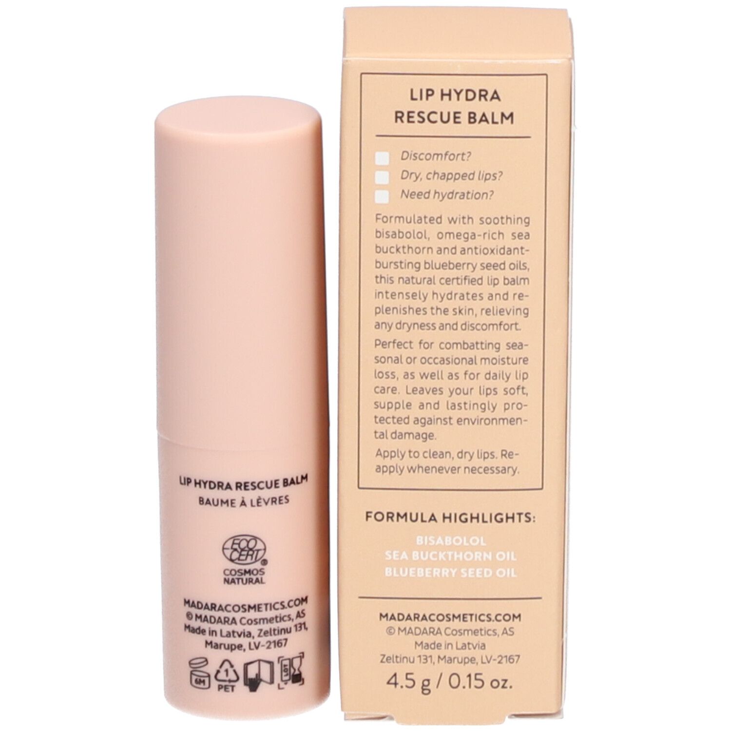 Baume à lèvres et emballage. Sur l'emballage: LIP HYDRA RESCUE BALM, ingrédients, adresse du fabricant, 4,5 g / 0,15 oz.