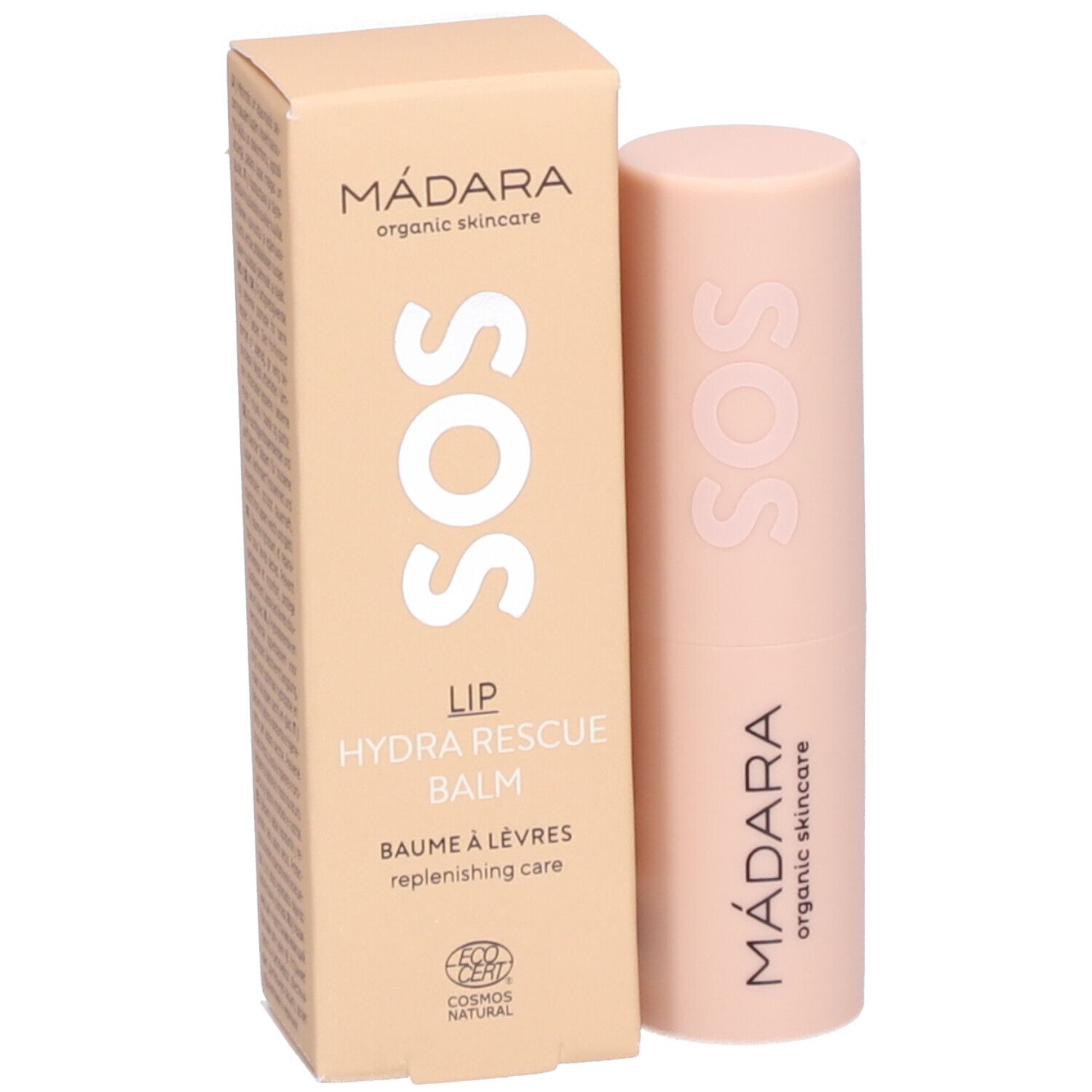Baume à lèvres rose et emballage beige. Sur l'emballage: MÁDARA, SOS, LIP HYDRA RESCUE BALM. Logo Ecocert.