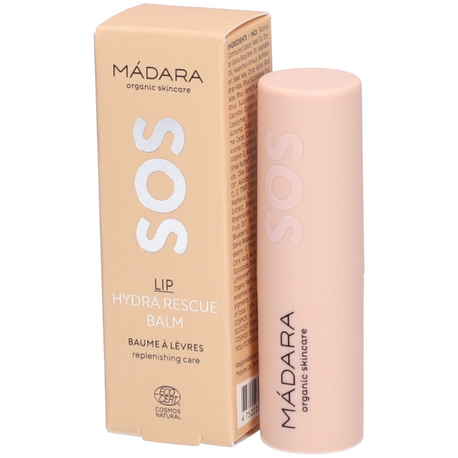 Baume à lèvres rose et emballage beige. Sur l'emballage: MÁDARA, SOS, LIP HYDRA RESCUE BALM. Logo Ecocert.