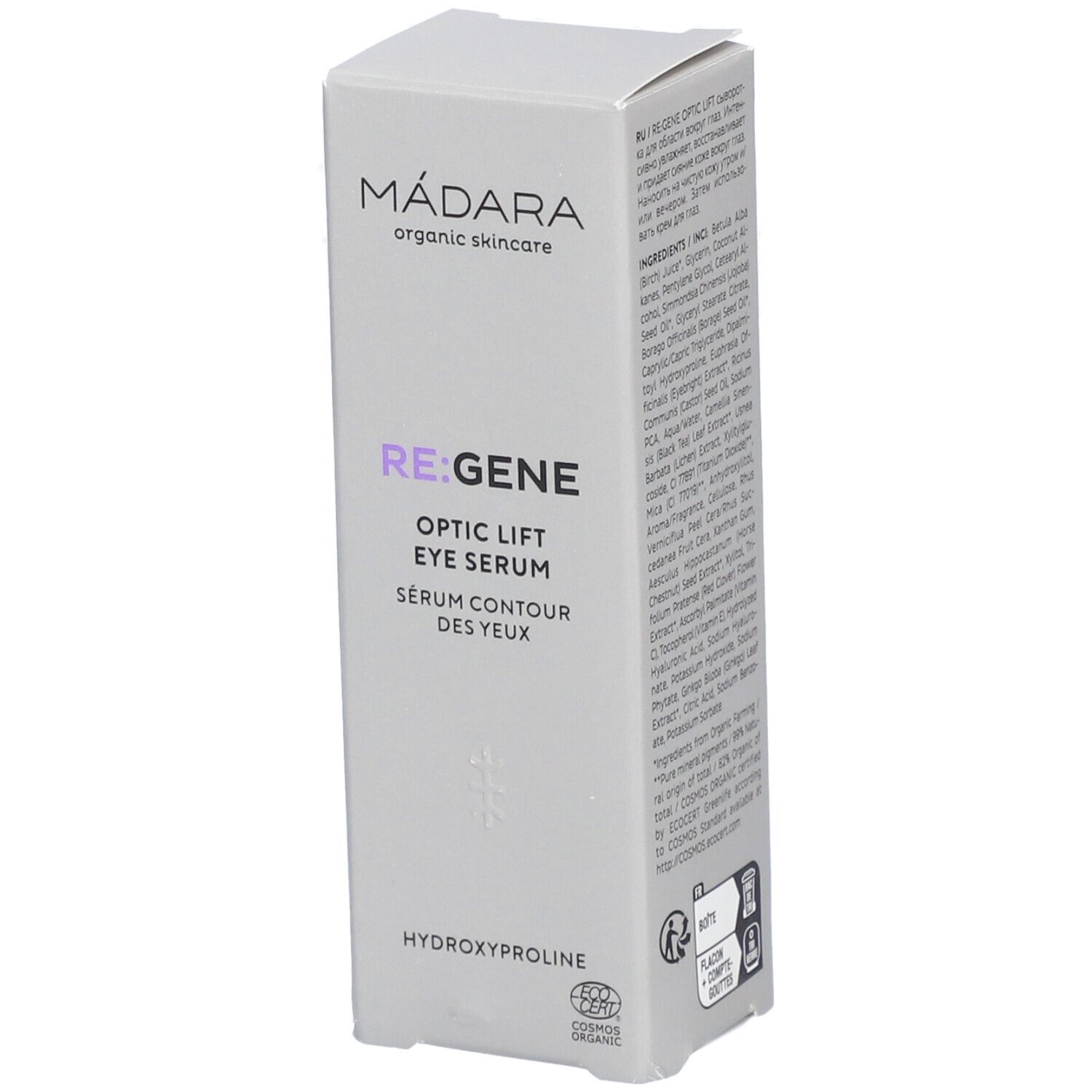 Boîte de sérum pour les yeux. Texte: MÁDARA, RE:GENE, Optic Lift Eye Serum, Serum Contour des Yeux. Certification.