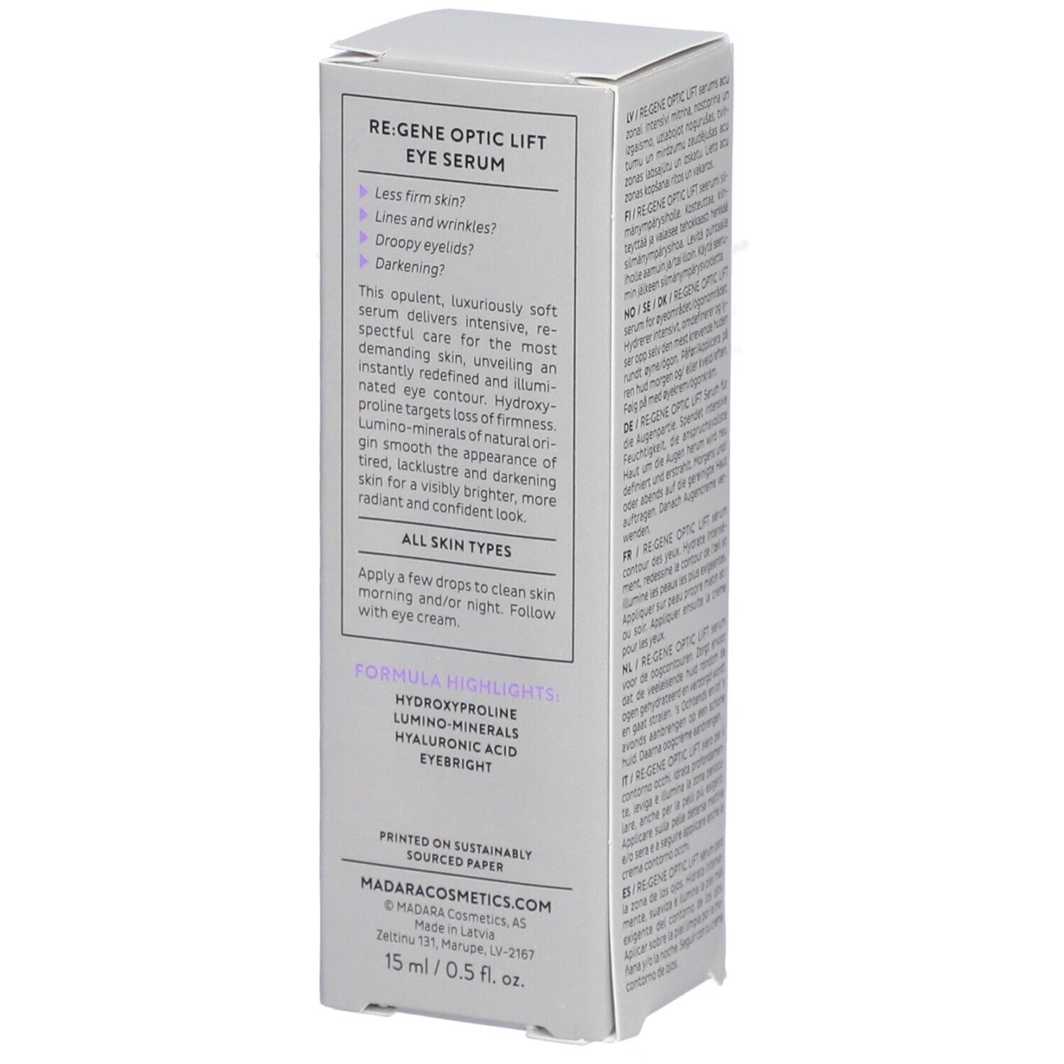 Boîte de sérum pour les yeux. Texte: RE:GENE Optic Lift Eye Serum. Avantages: moins de rides, peau plus ferme. Ingrédients.