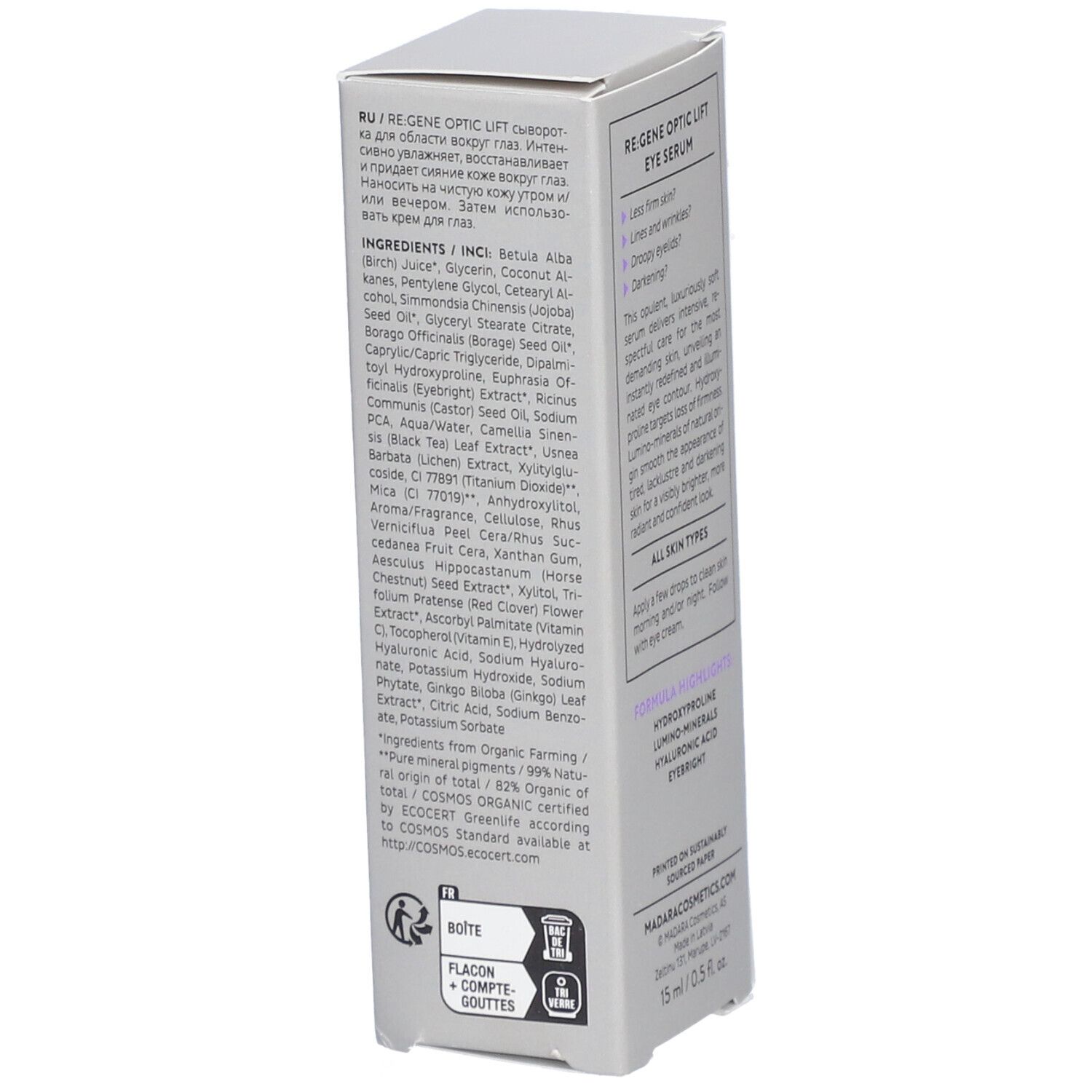 Boîte de sérum pour les yeux. Texte: RE:GENE Optic Lift Eye Serum. Ingrédients. Certifications. Symbole flacon.