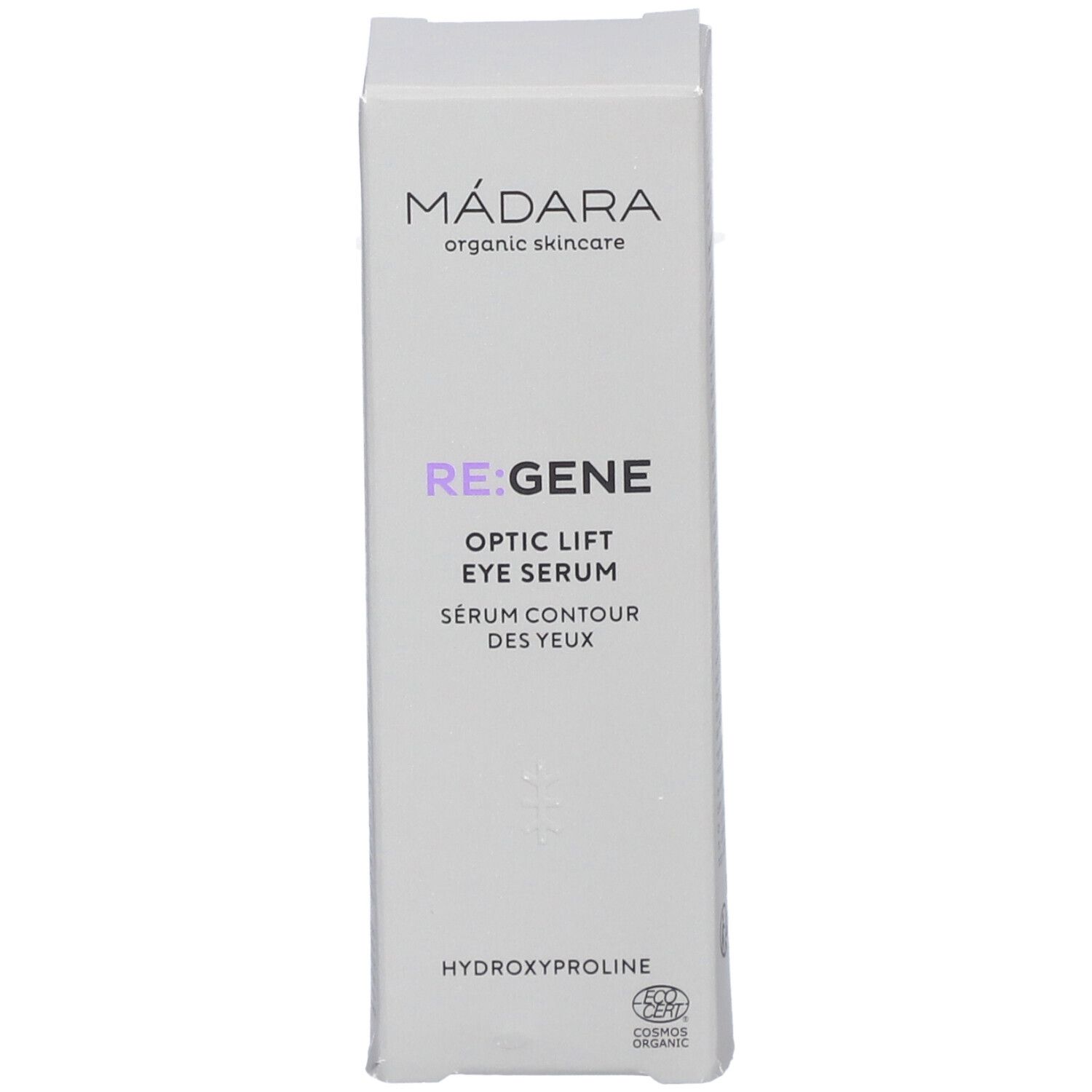 Boîte de sérum pour les yeux. Texte: MÁDARA, RE:GENE, Optic Lift Eye Serum, Serum Contour des Yeux. Certification.