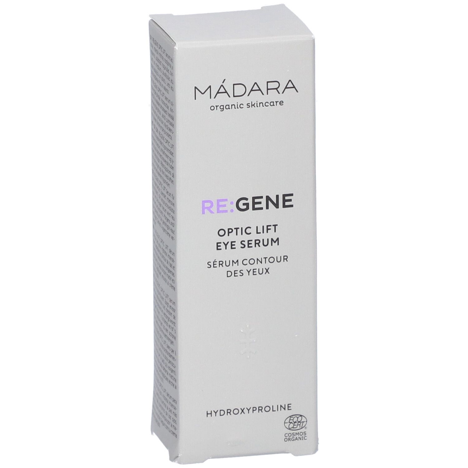 Boîte de sérum pour les yeux. Texte: MÁDARA, RE:GENE, Optic Lift Eye Serum, Serum Contour des Yeux. Certification.