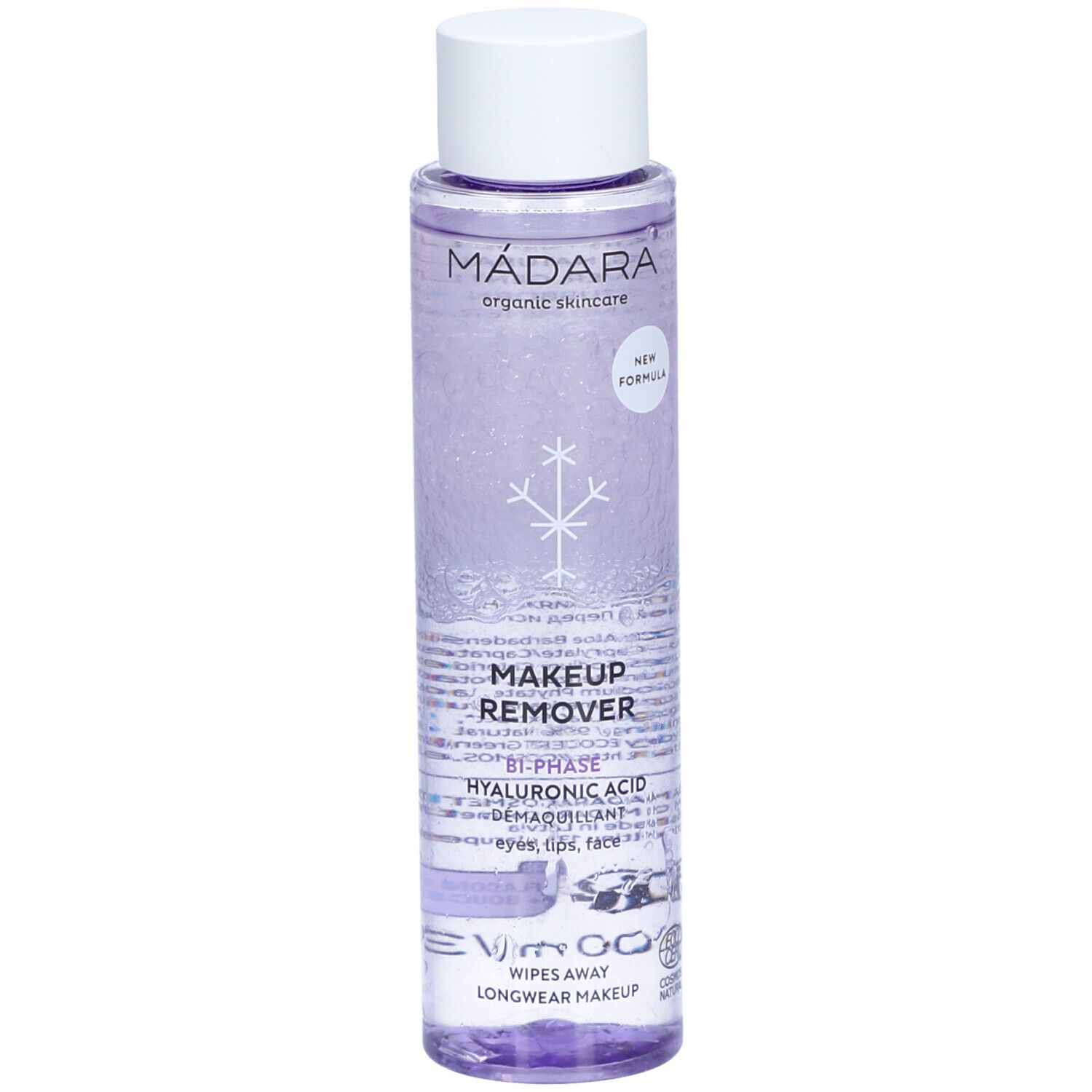 Flacon avec bouchon blanc. Inscription: MÁDARA, MAKEUP REMOVER, Bi-Phase, Acide hyaluronique. Symbole de flocon de neige.