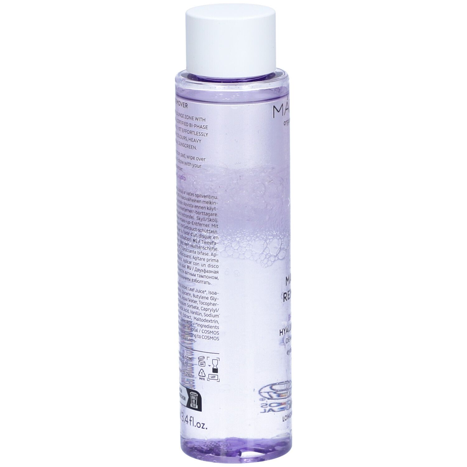 Flacon avec bouchon blanc. Dos avec texte. Inscription: MAKEUP REMOVER, 100 ml. Avec ingrédients et certifications.