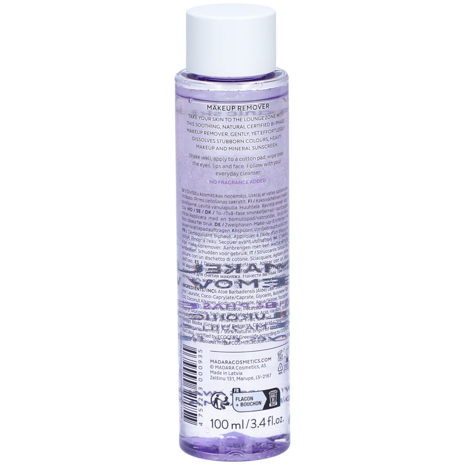 Flacon avec bouchon blanc. Dos avec texte. Inscription: MAKEUP REMOVER, 100 ml. Avec ingrédients et certifications.