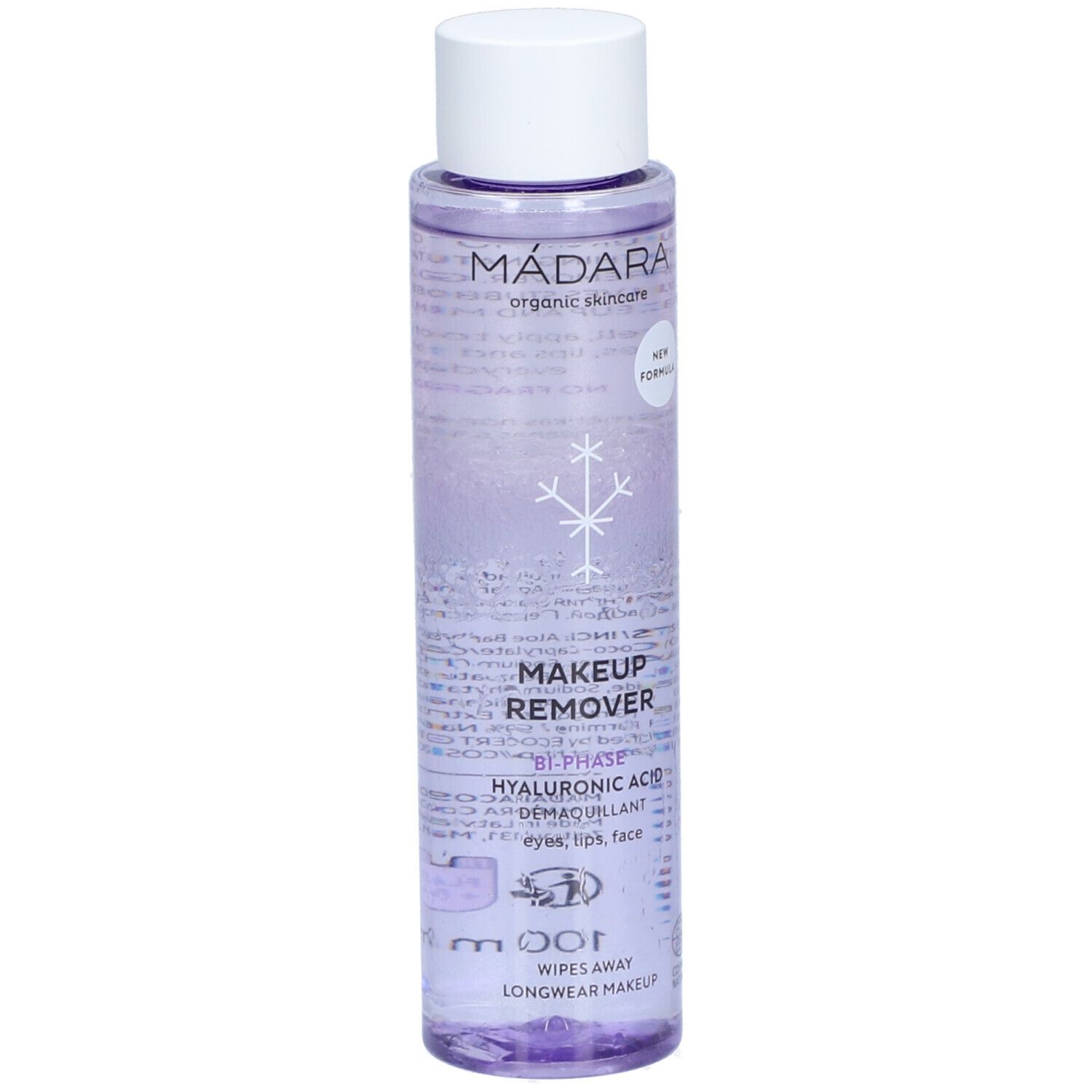 Flacon avec bouchon blanc. Inscription: MÁDARA, MAKEUP REMOVER, Bi-Phase, Acide hyaluronique. Symbole de flocon de neige.