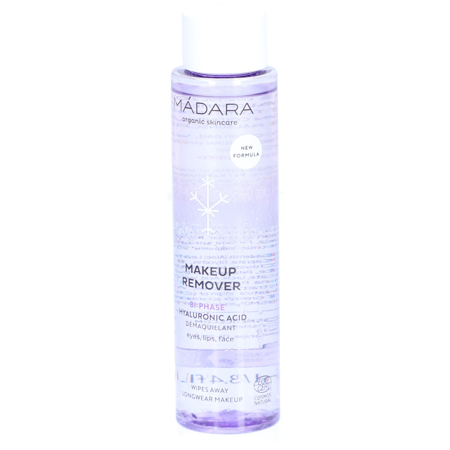 Flacon avec bouchon blanc. Inscription: MÁDARA, MAKEUP REMOVER, Bi-Phase, Acide hyaluronique. Symbole de flocon de neige.