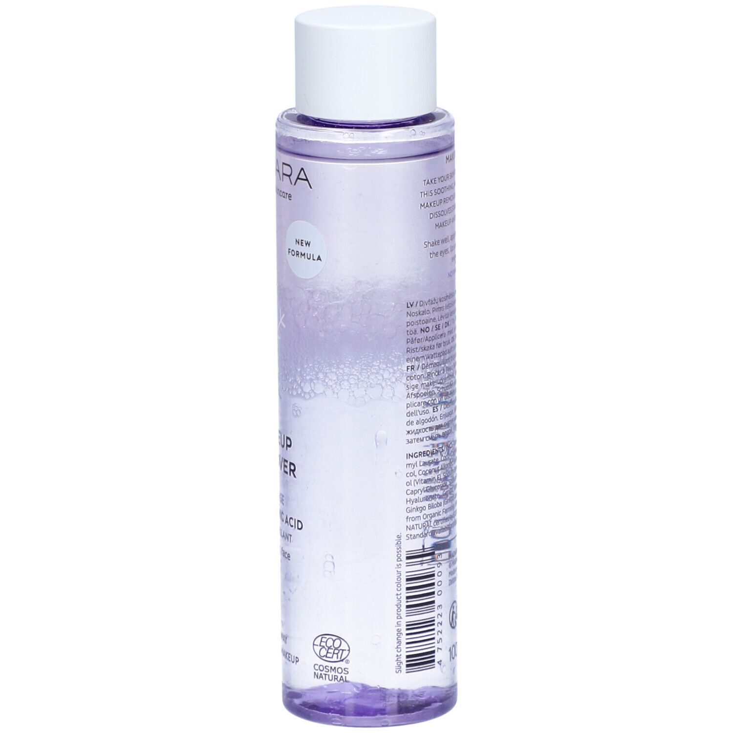 Flacon avec bouchon blanc. Dos avec texte. Inscription: MAKEUP REMOVER, Bi-Phase, Acide hyaluronique. Avec certifications.