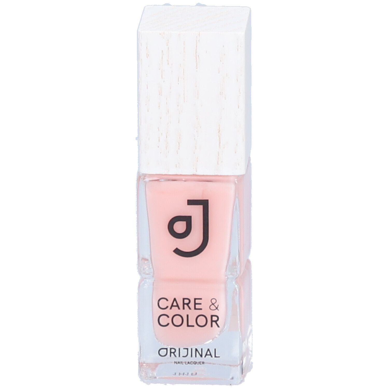 Flacon de vernis à ongles rose avec bouchon blanc. Inscription : Care & Color, Orijinal.