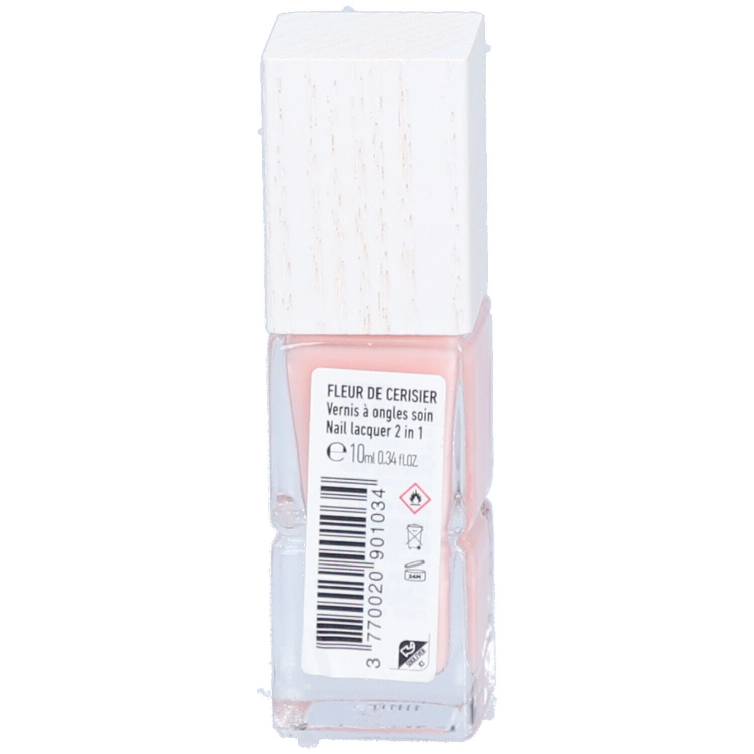 Dos du flacon de vernis à ongles. Texte : Fleur de cerisier, Vernis à ongles soin, Nail lacquer 2 in 1. E10ml.