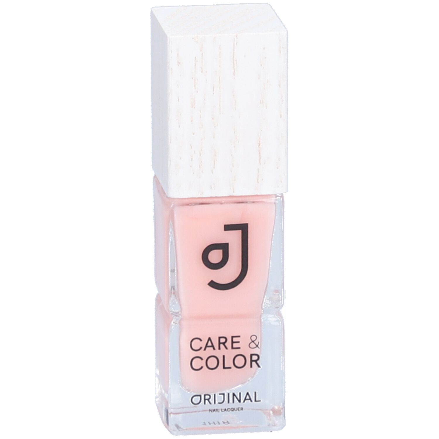 Flacon de vernis à ongles rose avec bouchon blanc. Inscription : Care & Color, Orijinal.