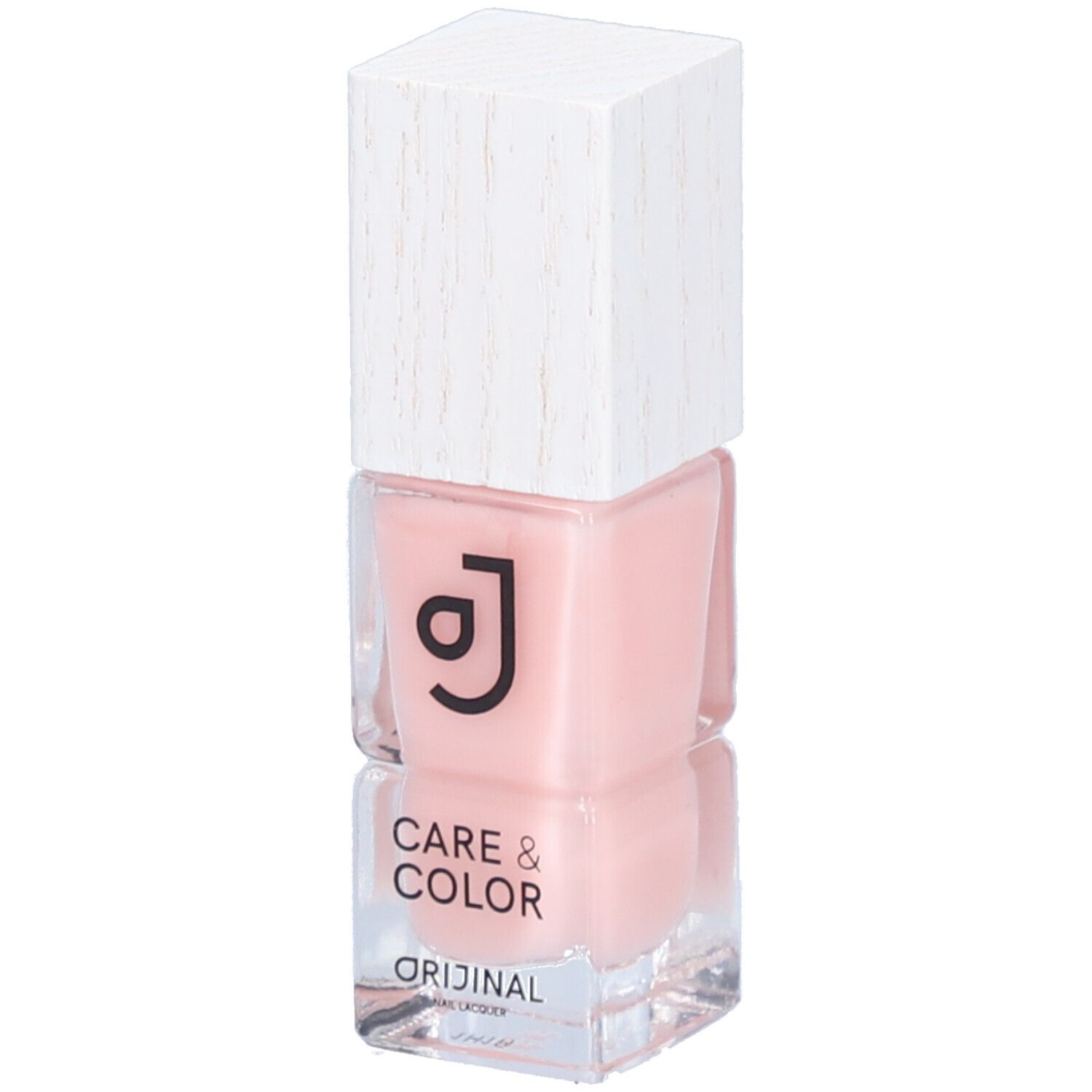 Flacon de vernis à ongles rose avec bouchon blanc. Inscription : Care & Color, Orijinal.