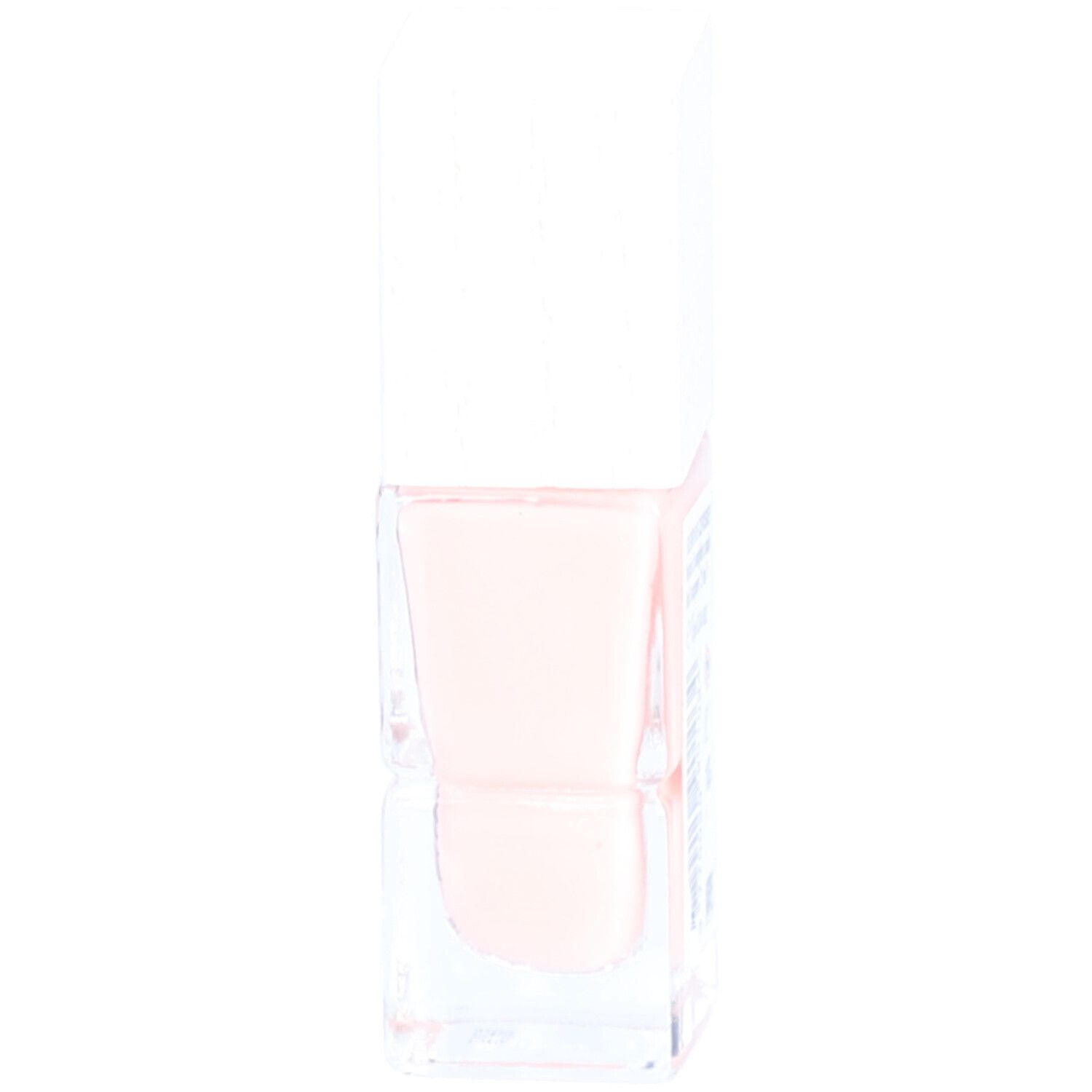Flacon de vernis à ongles, contenu rose, bouchon blanc. Vue latérale.