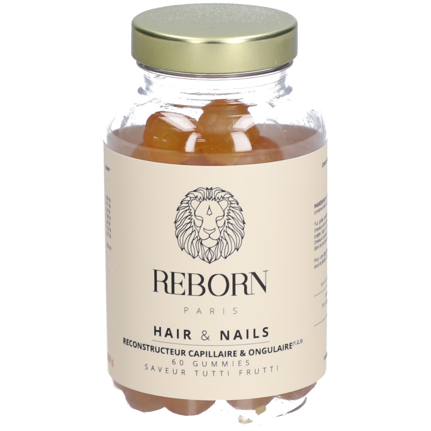 Flacon en verre avec gummies. Inscription: REBORN PARIS HAIR & NAILS. 60 gummies. Saveur Tutti Frutti.