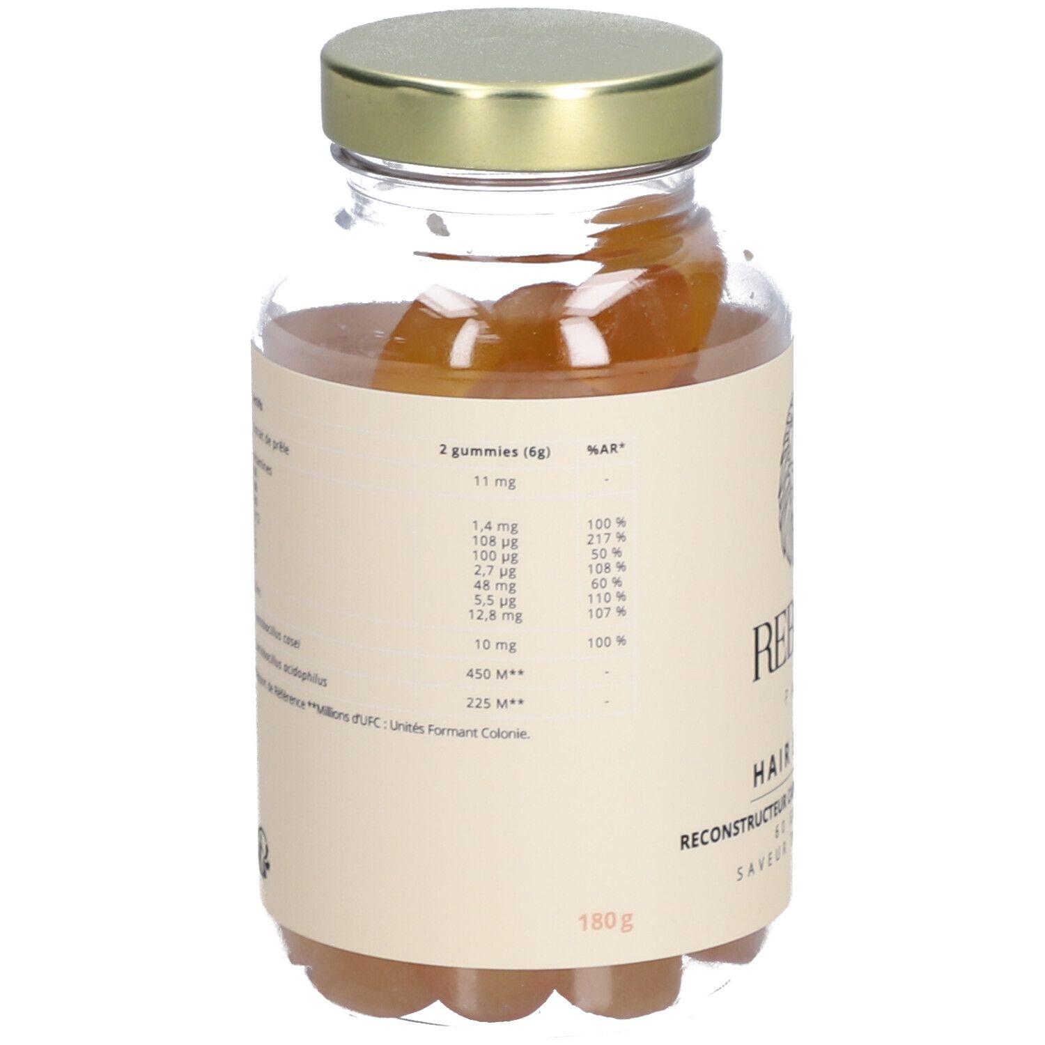 Dos du flacon en verre avec informations nutritionnelles. Contient 180g. Détails des vitamines et minéraux.