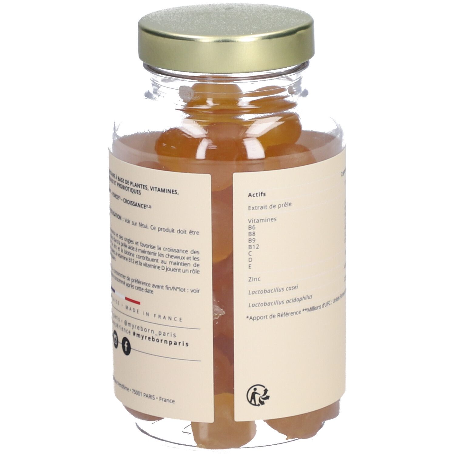 Dos du flacon en verre avec ingrédients et informations. Contient Extrait de Prêle, Vitamines, Zinc.