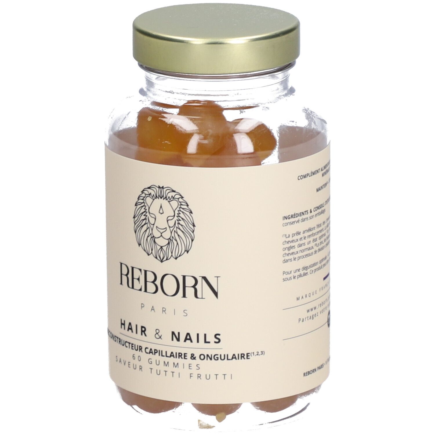 Flacon en verre avec gummies. Inscription: REBORN PARIS HAIR & NAILS. 60 gummies. Saveur Tutti Frutti.