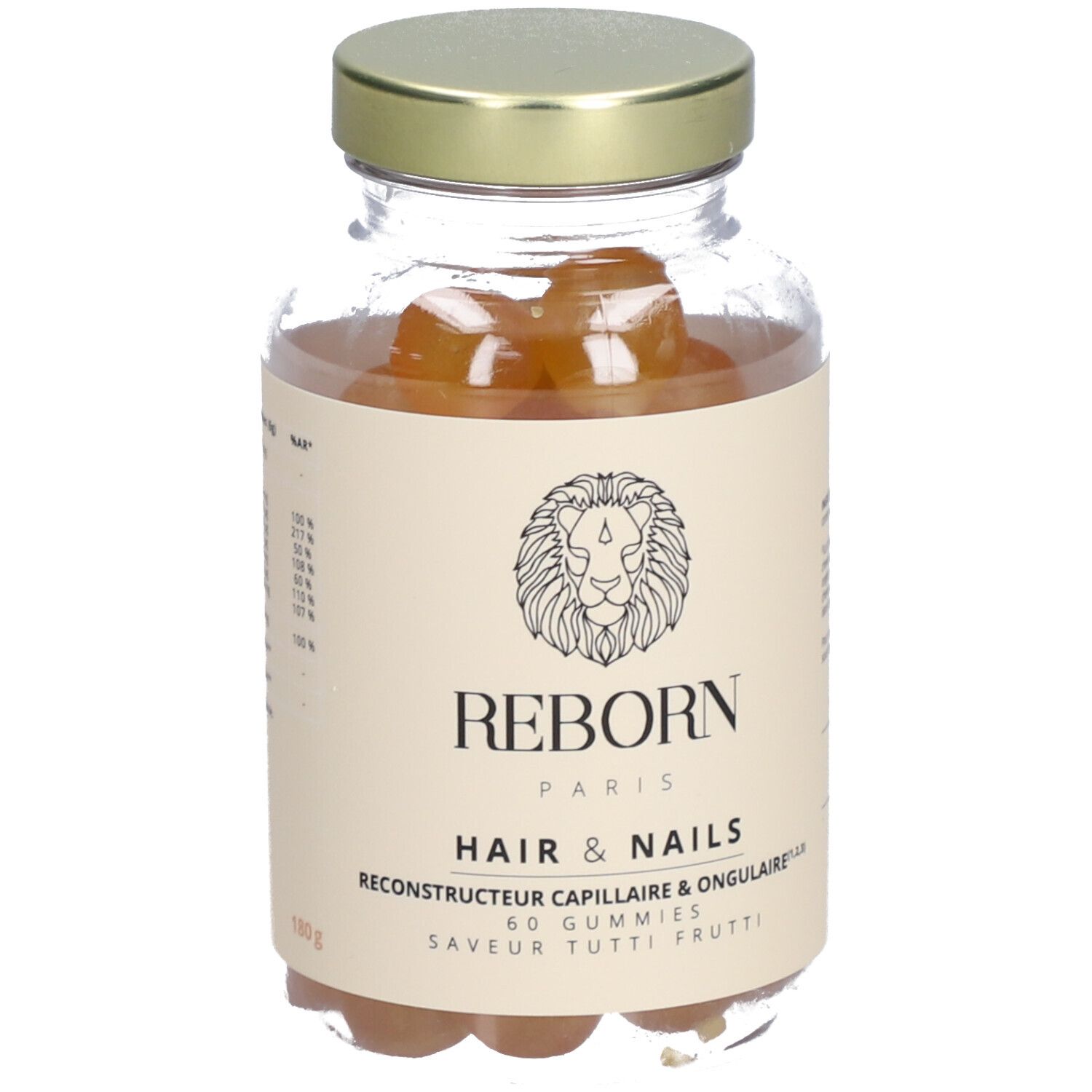 Flacon en verre avec gummies. Inscription: REBORN PARIS HAIR & NAILS. 60 gummies. Saveur Tutti Frutti.