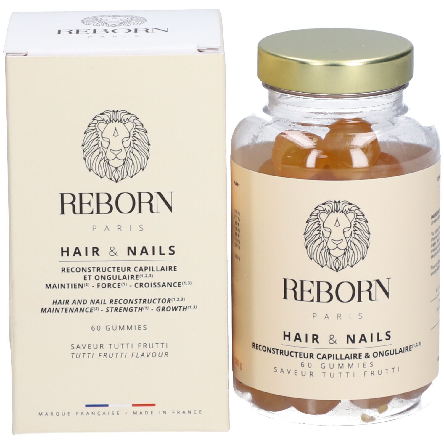 Emballage et flacon du produit. Inscription: REBORN PARIS HAIR & NAILS. 60 gummies. Saveur Tutti Frutti.