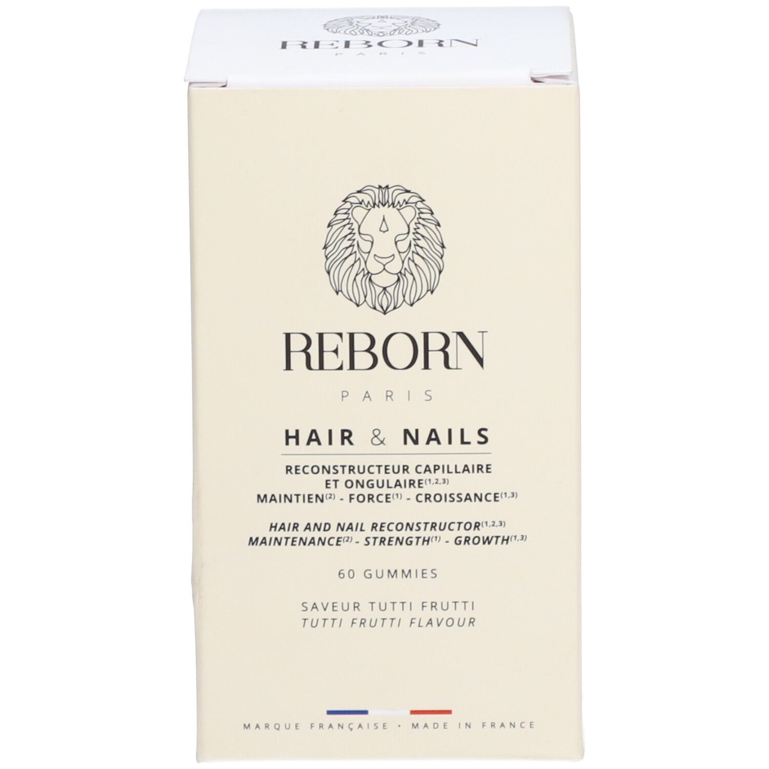 Emballage du produit. Inscription: REBORN PARIS HAIR & NAILS. 60 gummies. Saveur Tutti Frutti.