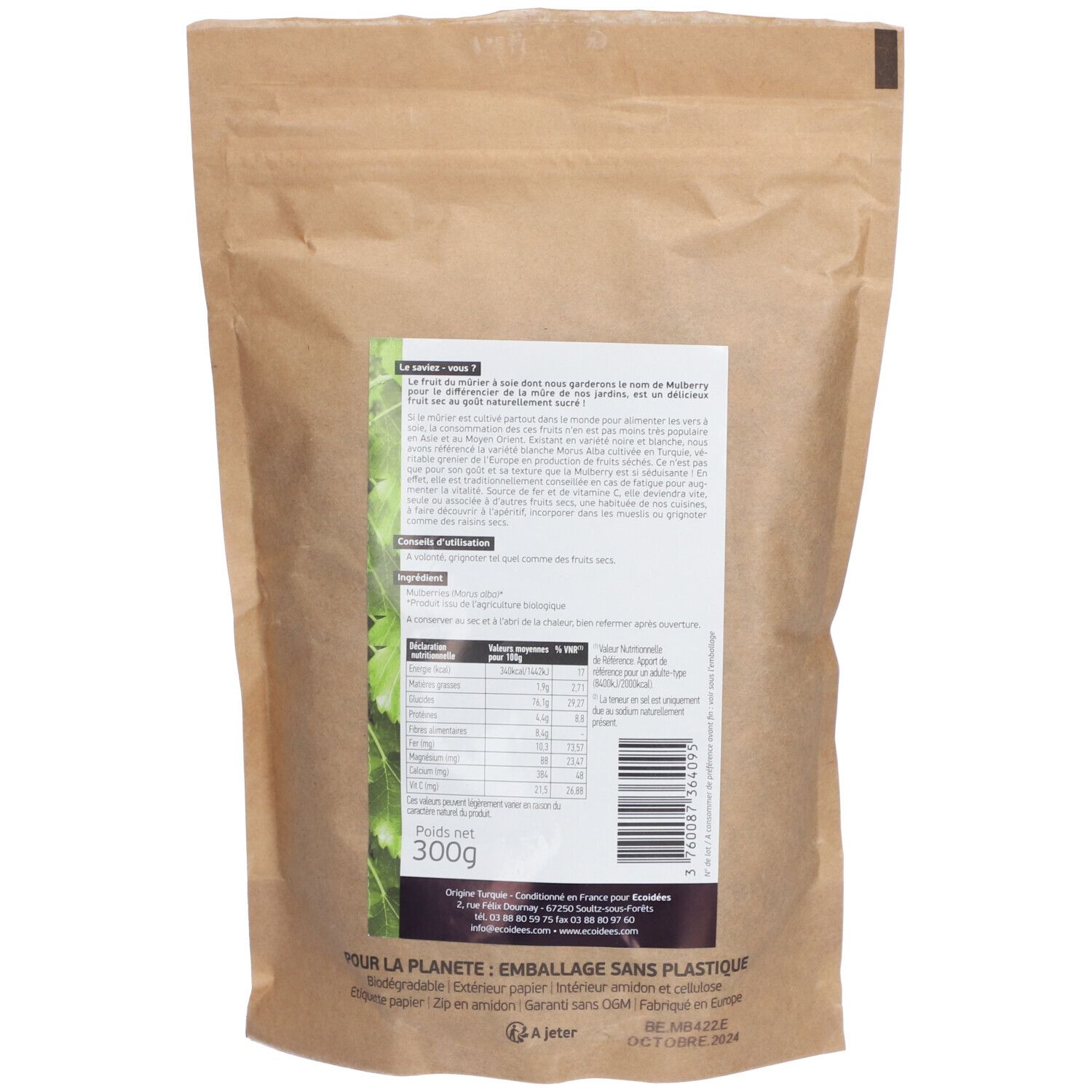 Dos du sachet de Mulberries Ethnoscience. Texte avec informations nutritionnelles, ingrédients et code-barres. Label bio.