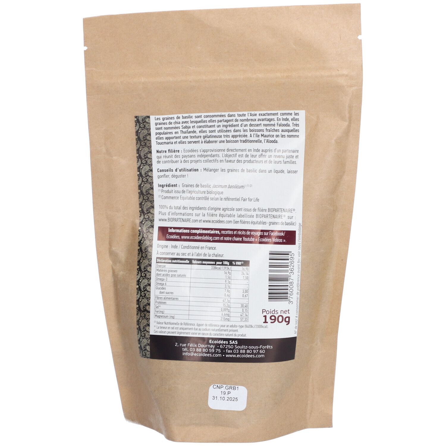 Dos du sachet avec texte et informations nutritionnelles. Emballage brun.