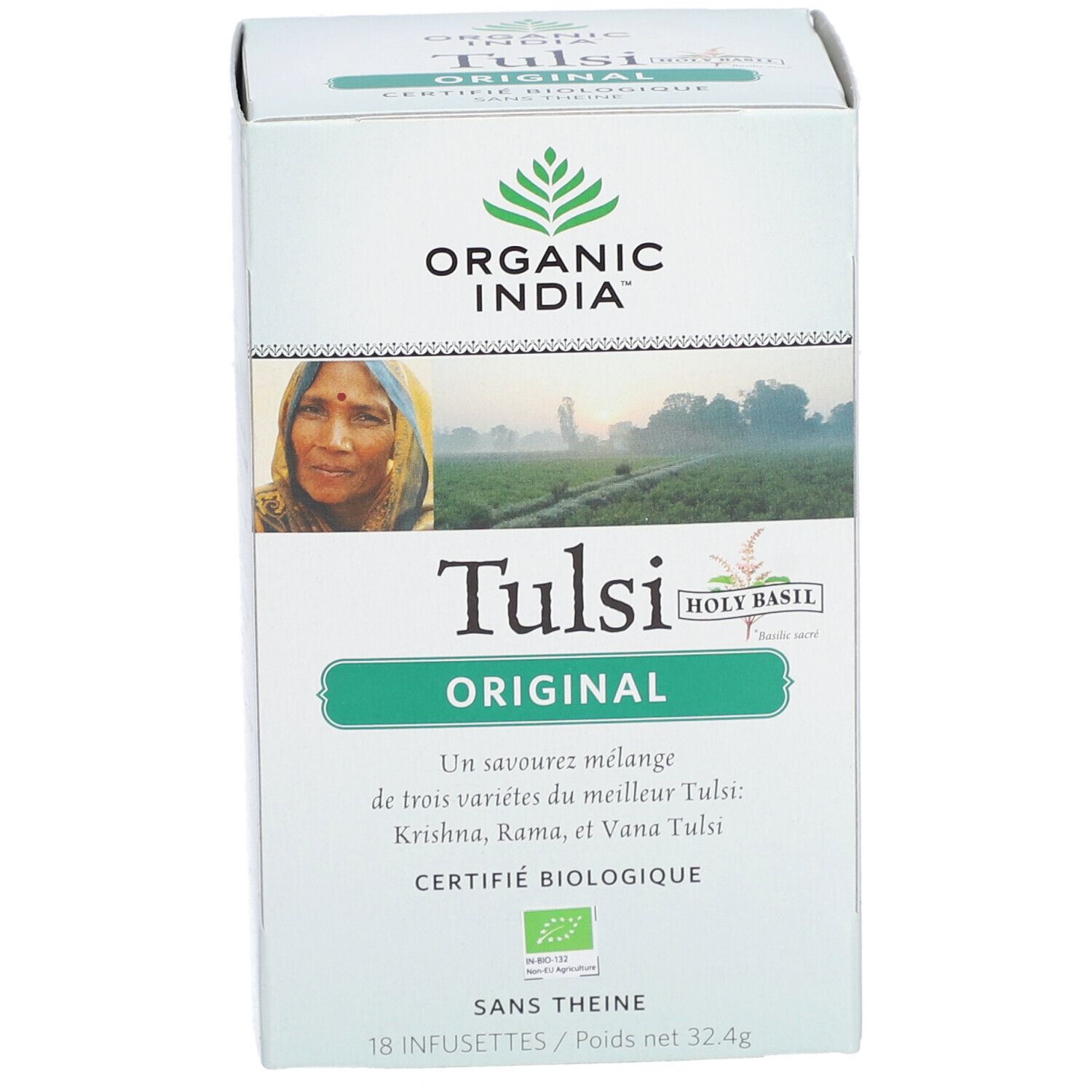 Boîte de Bio Indien Tulsi Original. Vue de face avec logo, nom du produit et certification.