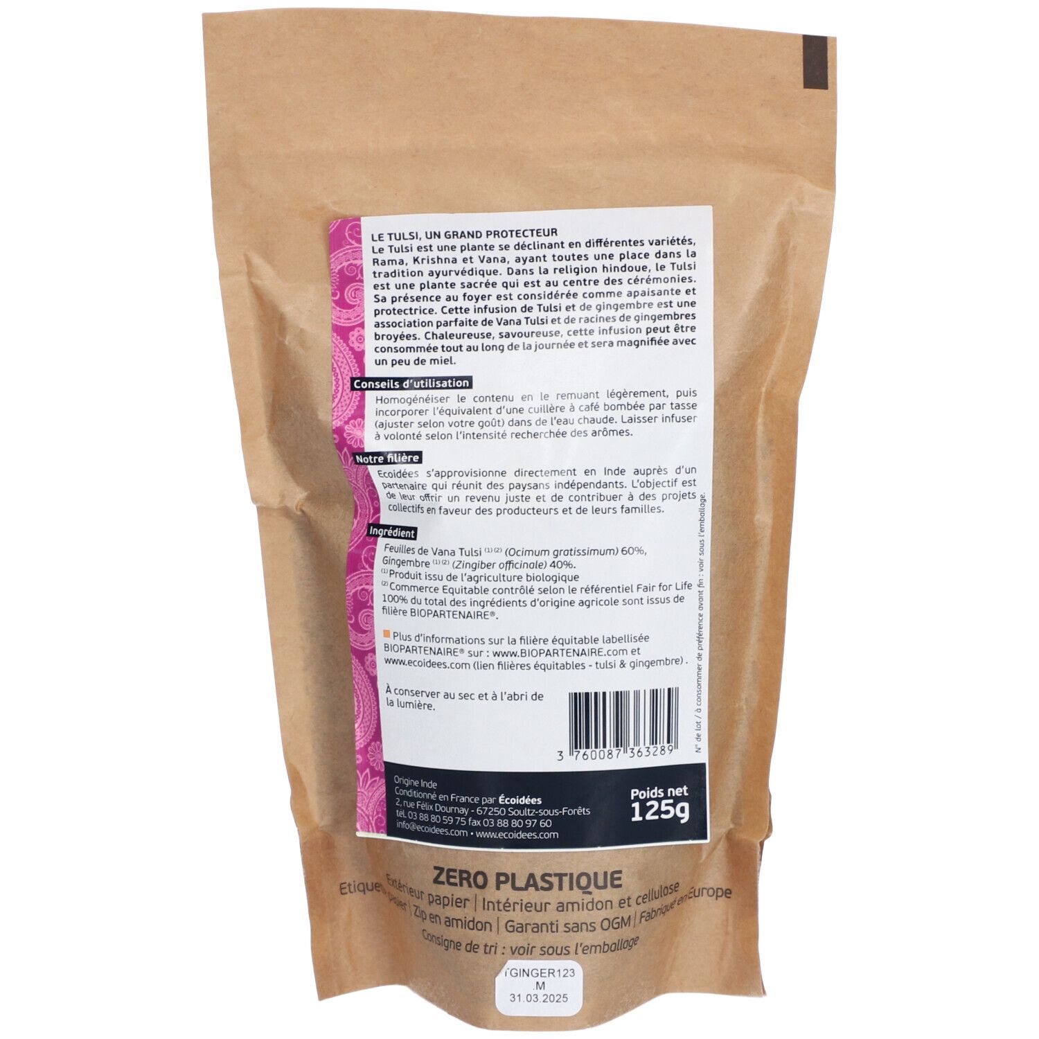 Dos du sachet. Texte et logo. Inscription: Ecoidées. Poids net: 125g. Certification: Bio.