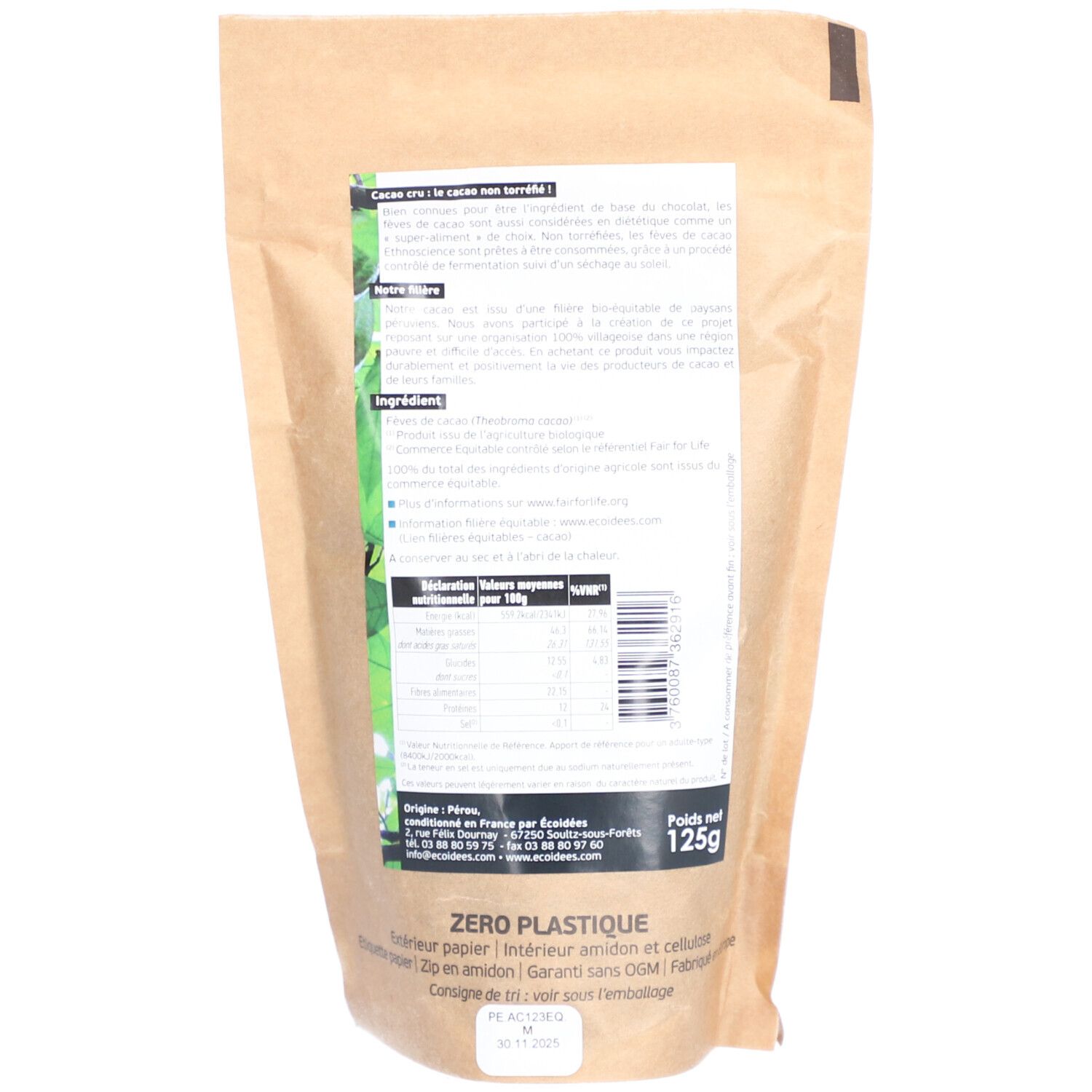 Sachet en papier brun avec étiquette blanche. Texte en français. Poids : 125g. Inscription : Zero Plastique.