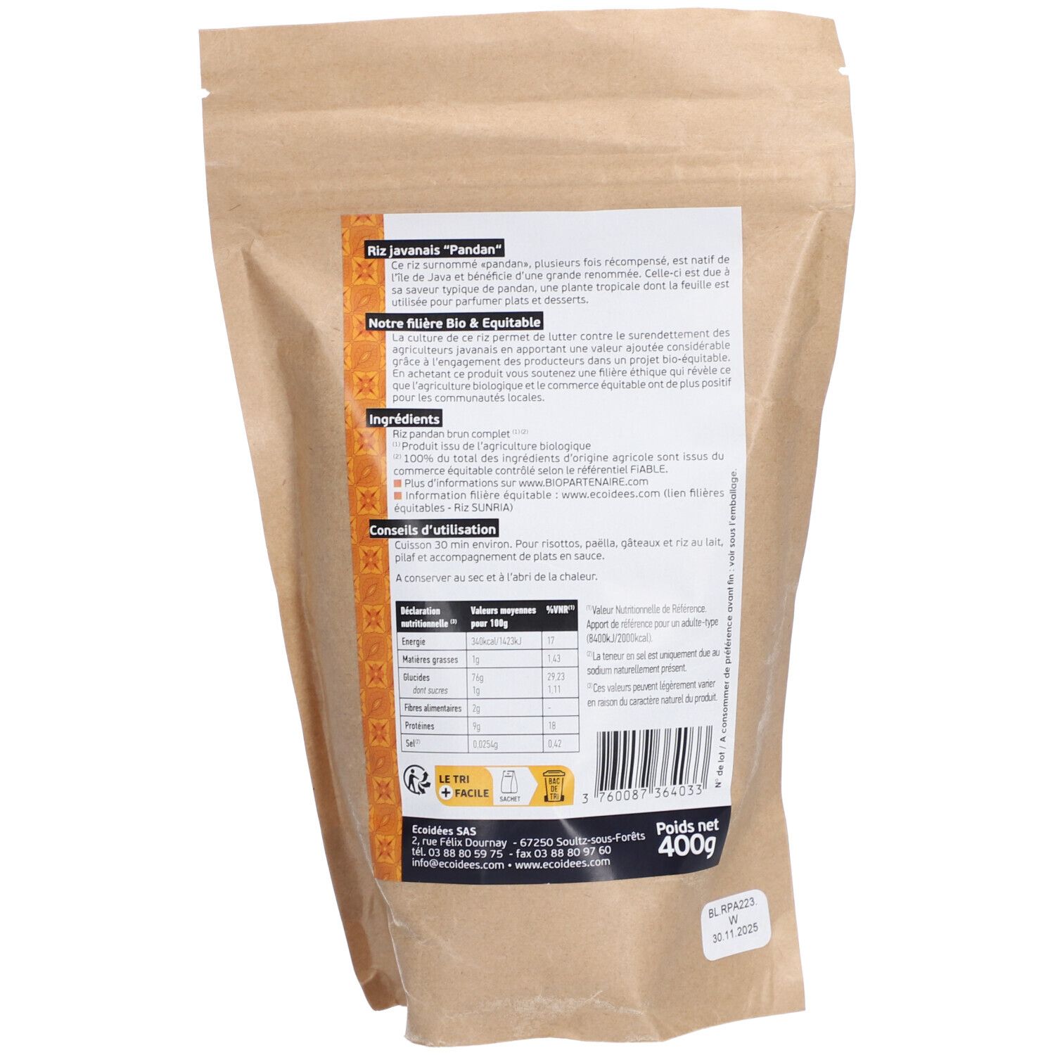 Dos du paquet de riz. Texte avec informations produit et valeurs nutritionnelles. Certification biologique.