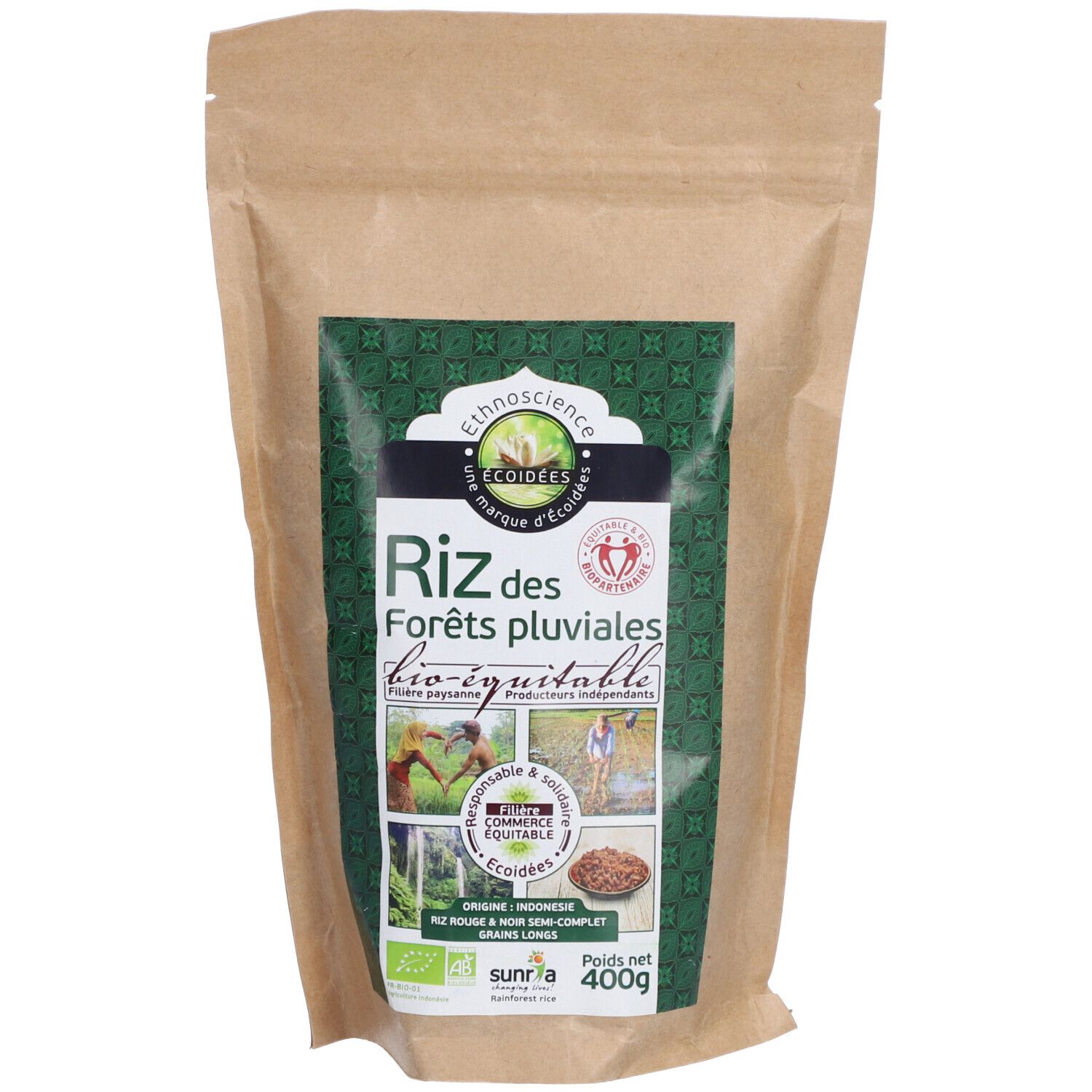 Sachet de riz Ethnoscience Riz des Forêts pluviales. Étiquette verte et marron avec nom, logo et photos. Certification bio.