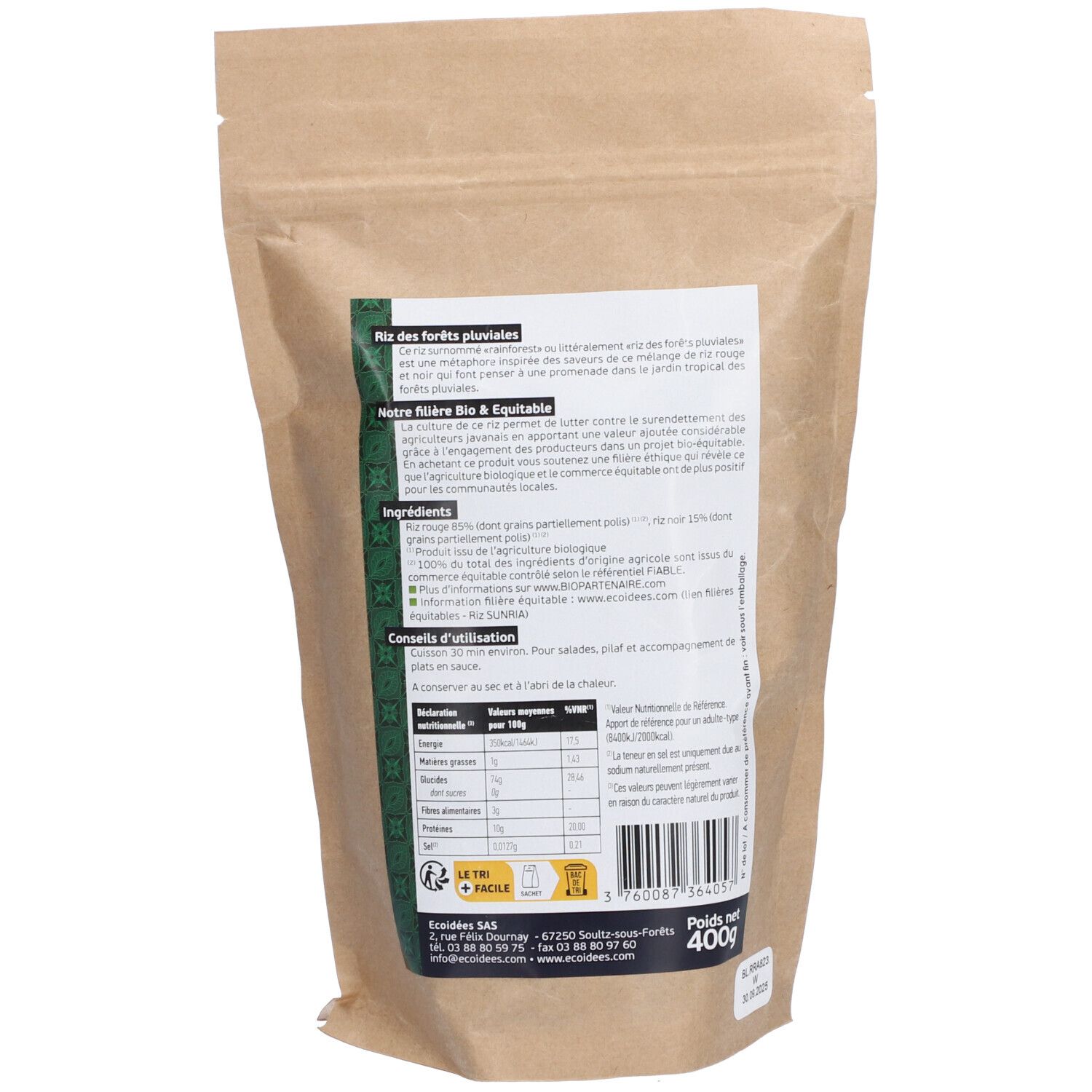 Dos du sachet de riz Ethnoscience Riz des Forêts pluviales. Texte, informations nutritionnelles, code-barres et certification bio.