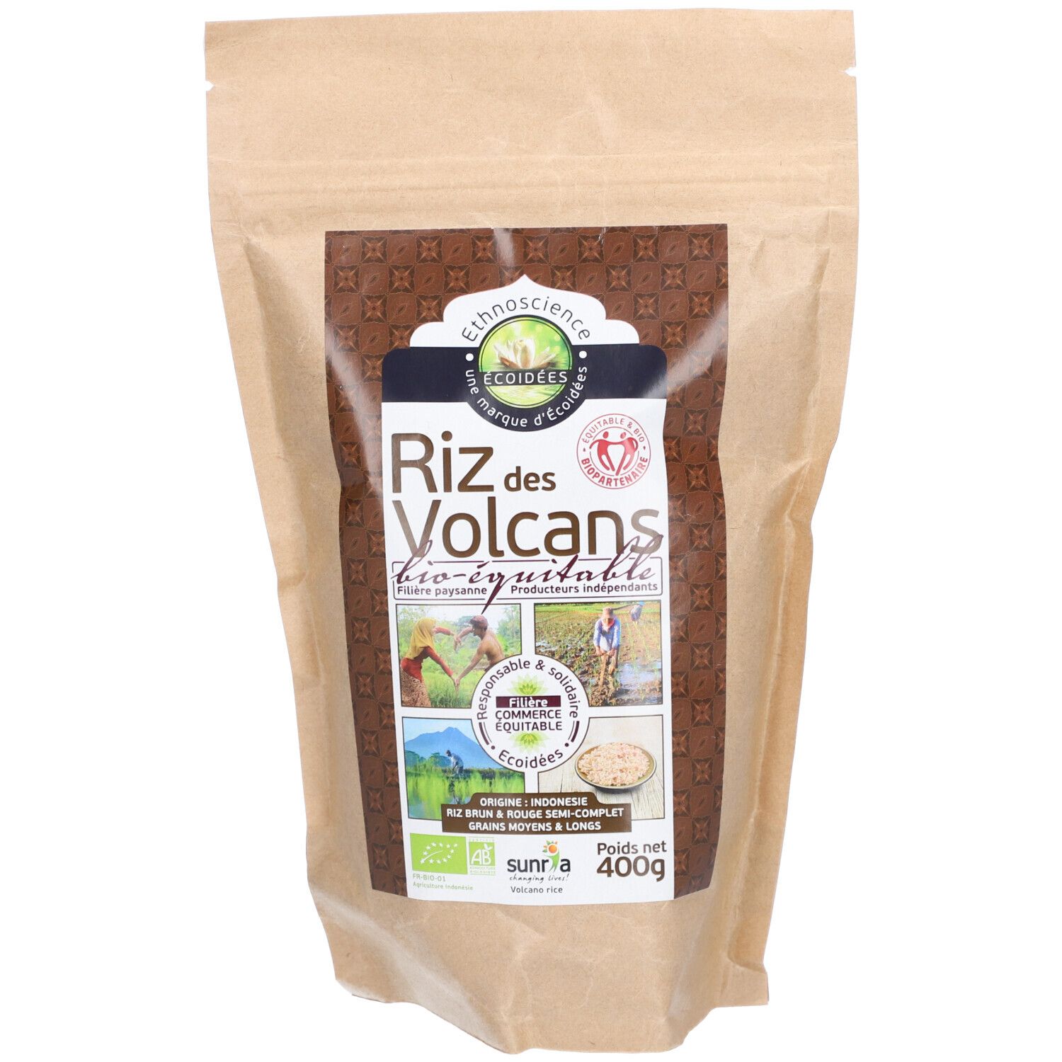 Sachet de riz Ethnoscience Riz des Volcans. Sachet en papier brun avec étiquette. Texte: Riz des Volcans, Bio-éqitable, 400g.