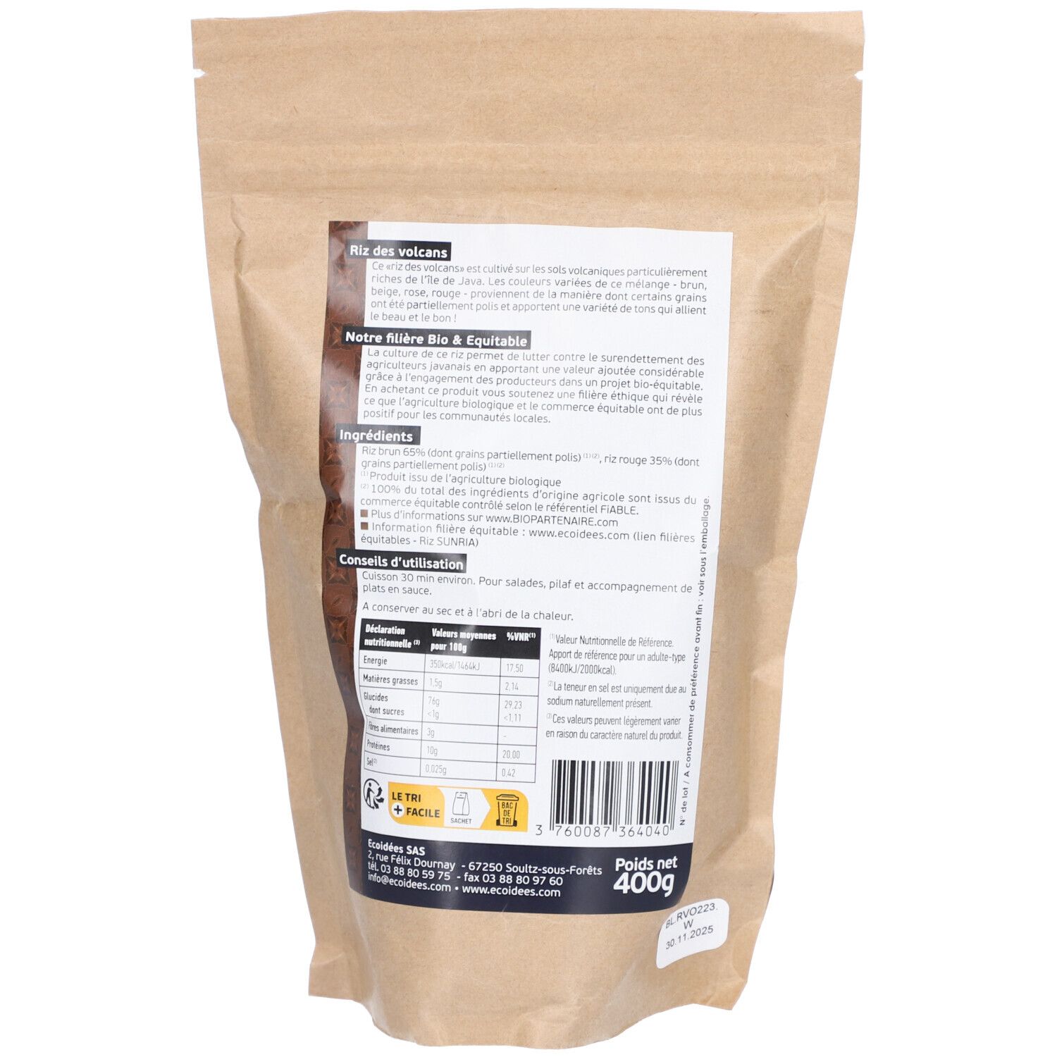 Dos du sachet Ethnoscience Riz des Volcans. Sachet en papier brun avec texte. Texte: Riz des Volcans, Bio-éqitable, 400g.