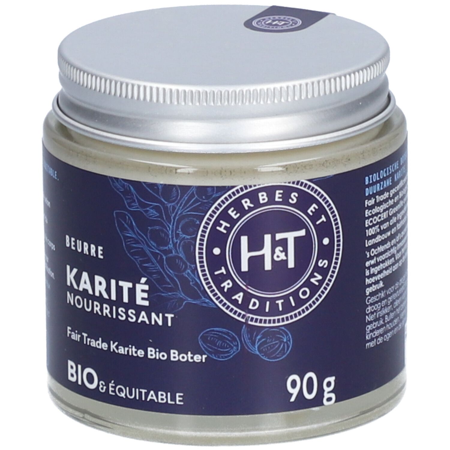 Pot de beurre de karité. Couvercle argenté. Étiquette bleue avec logo et texte. "BIO & ÉQUITABLE" et "90g" visibles.