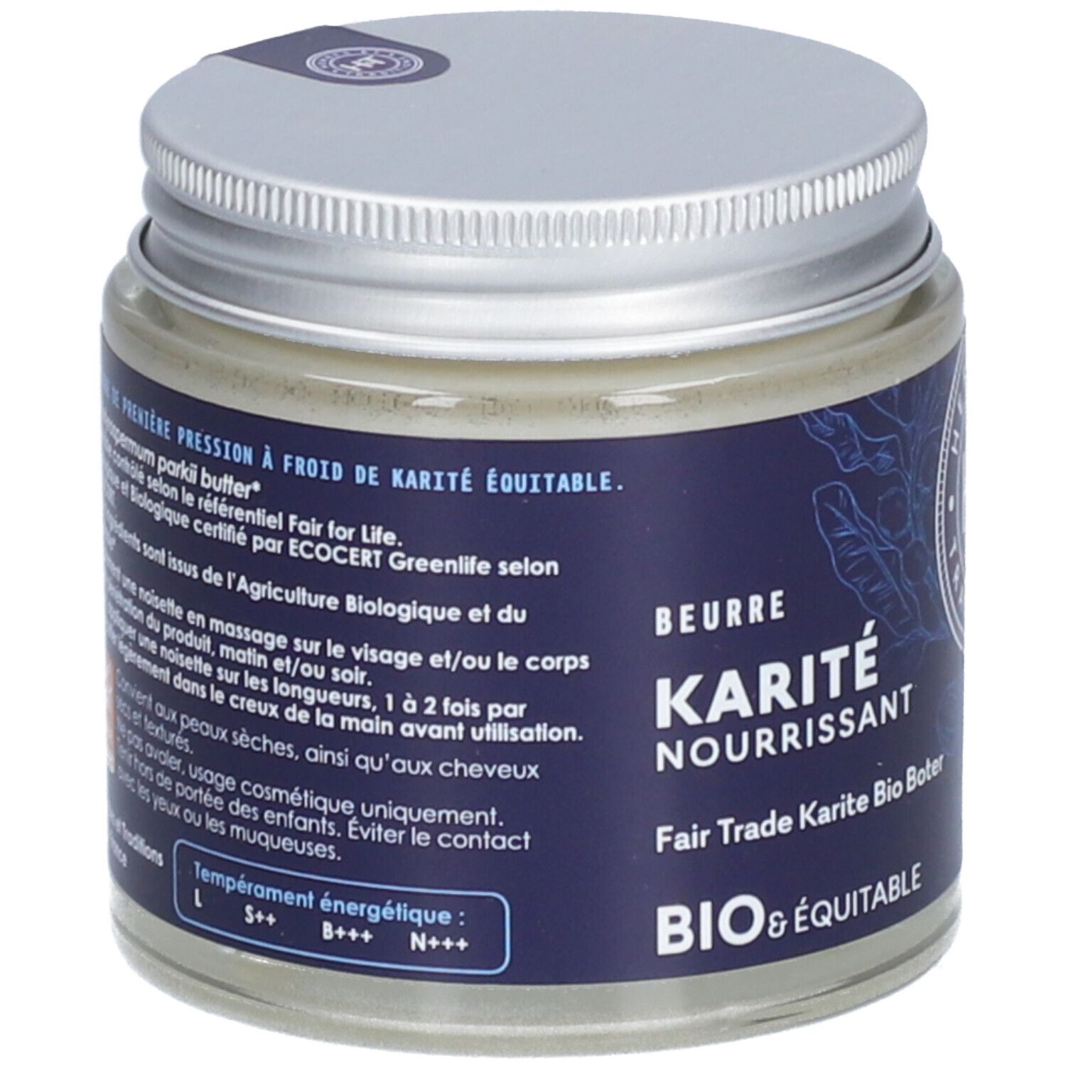 Pot de beurre de karité. Couvercle argenté. Étiquette bleue avec texte. "BIO & ÉQUITABLE" et informations sur le produit.
