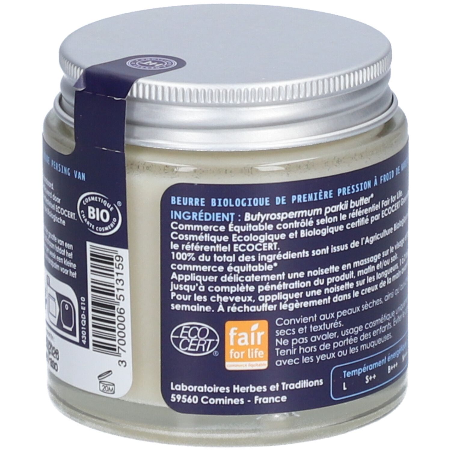 Dos du pot de beurre de karité. Étiquette avec texte et logos. Certifications ECO CERT et Fair for Life.