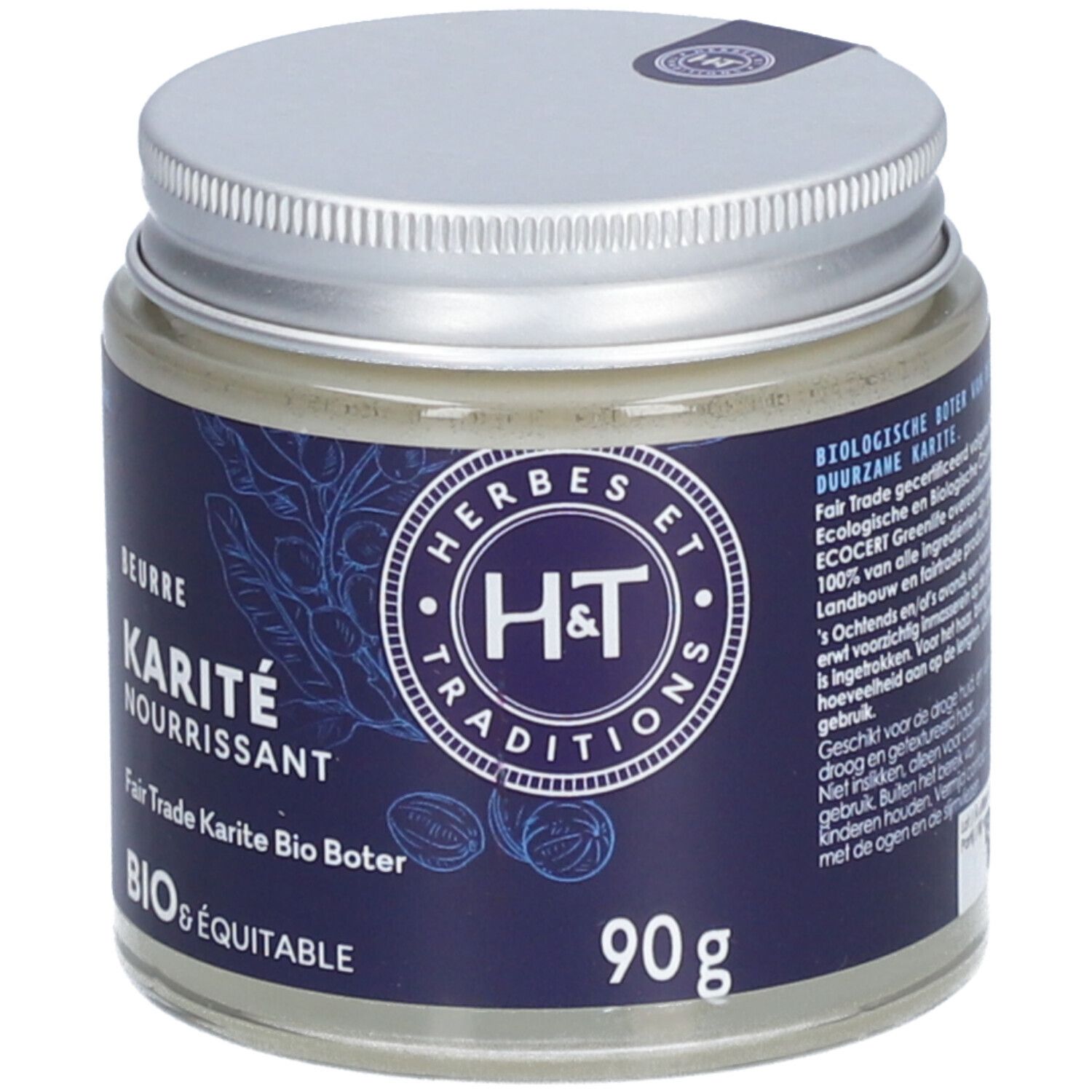 Pot de beurre de karité. Couvercle argenté. Étiquette bleue avec logo et texte. "BIO & ÉQUITABLE" et "90g" visibles.