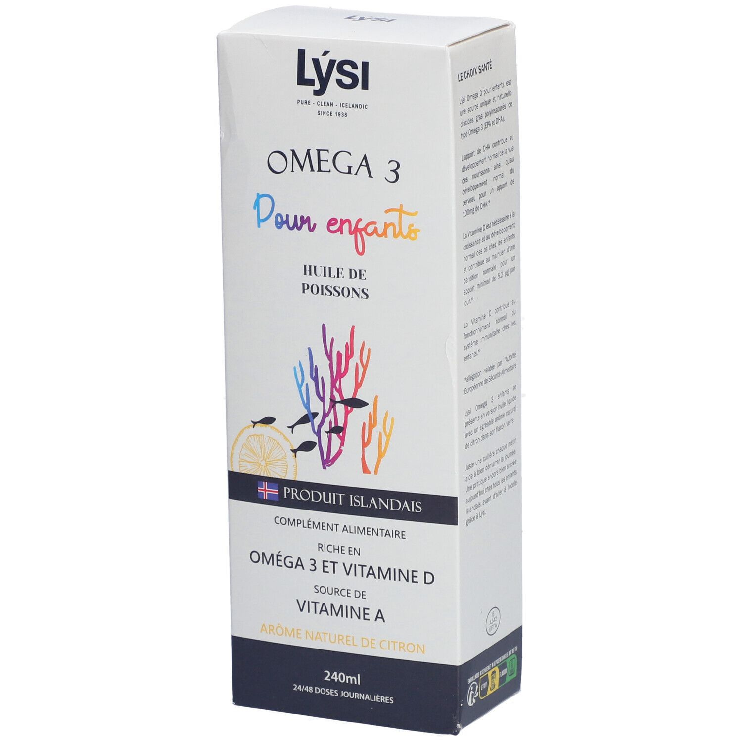 Boîte Lysi Omega 3 pour enfants. Contient Omega 3 et vitamine D. Illustration de poissons et coraux. 240ml. Saveur citron.