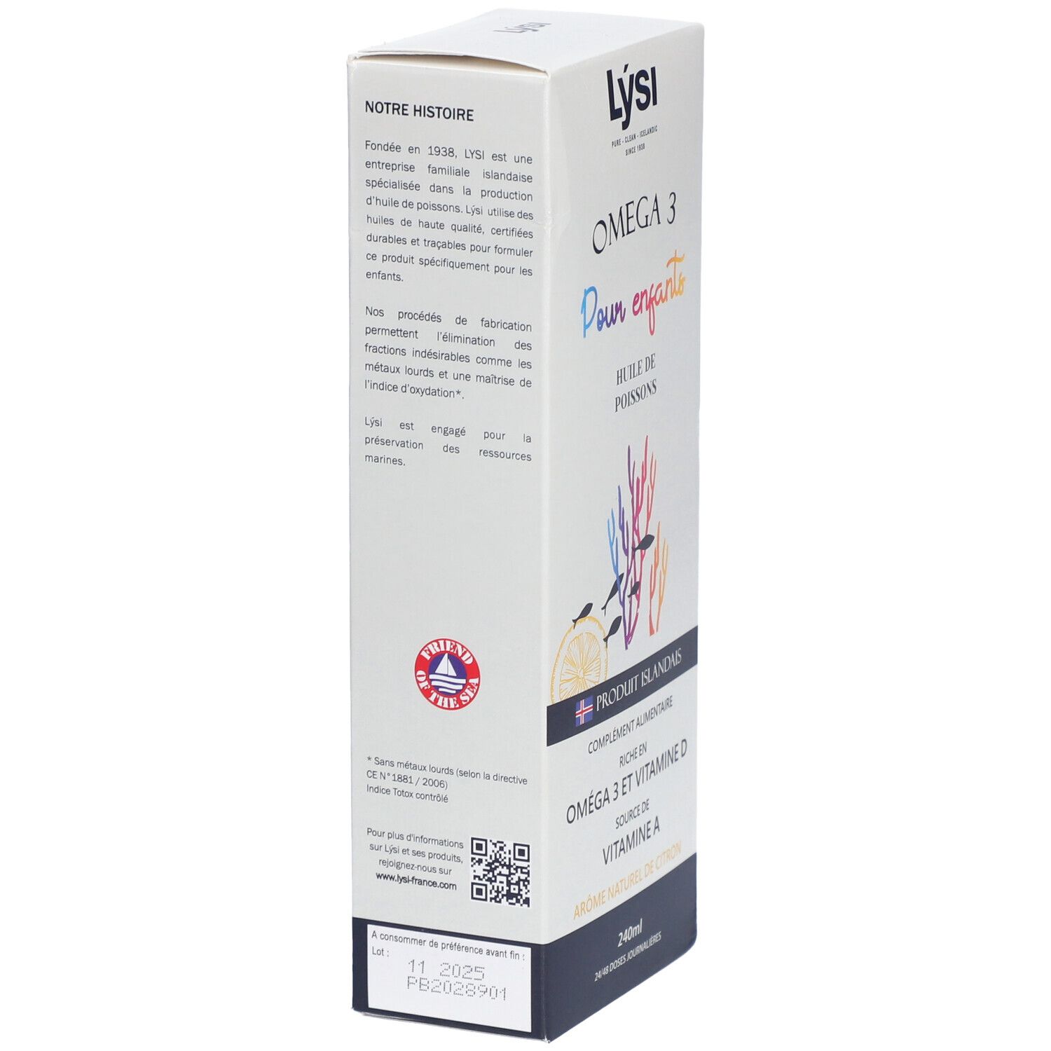 Dos de la boîte Lysi Omega 3. Texte sur la marque et les ingrédients. Contient Omega 3 et vitamine D. 240ml.