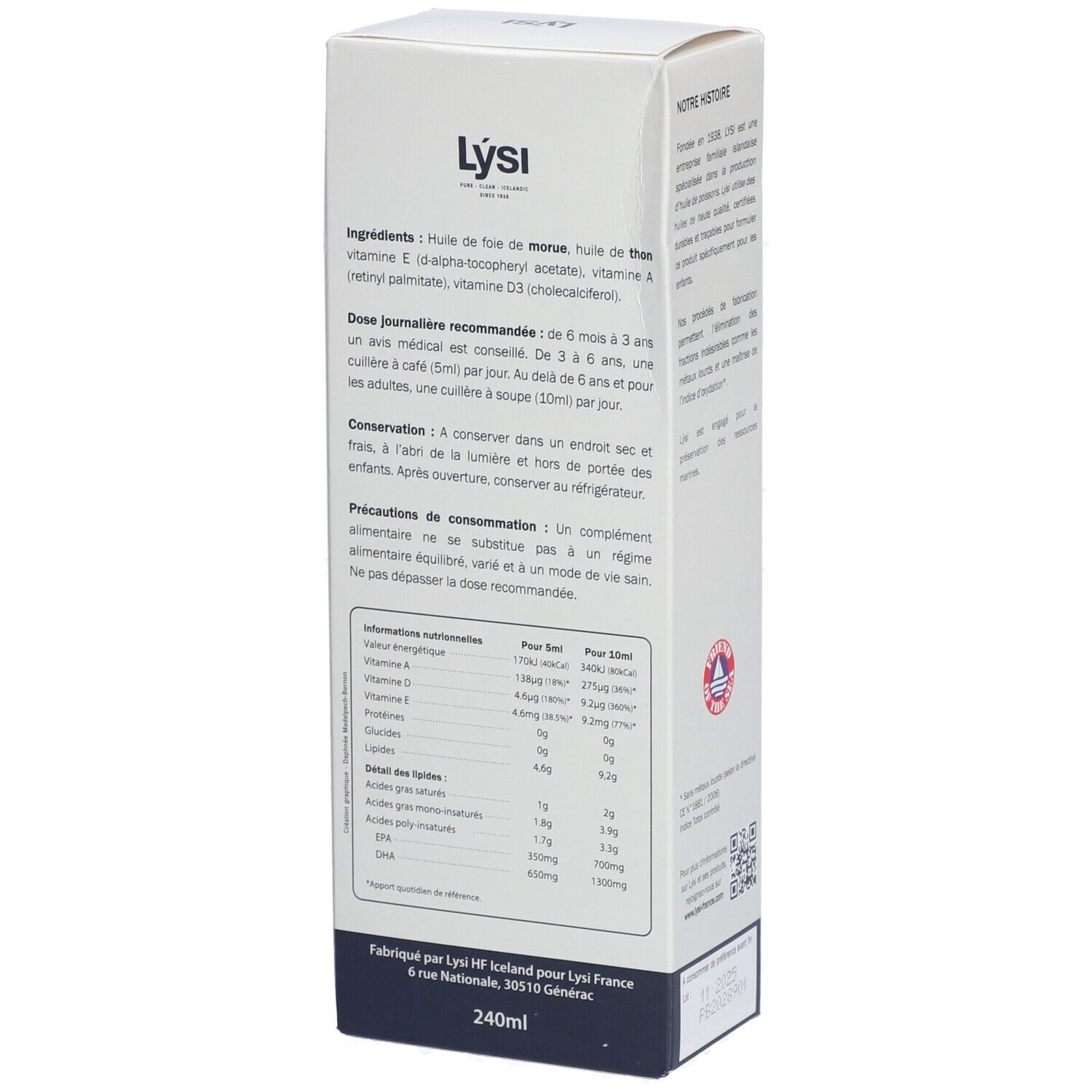 Côté de la boîte Lysi Omega 3. Informations sur les ingrédients, le dosage et les valeurs nutritionnelles. 240ml.