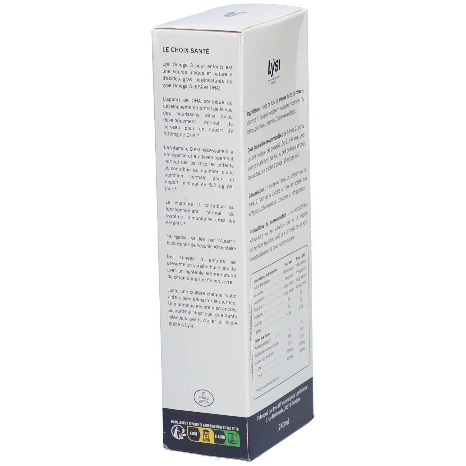 Côté de la boîte Lysi Omega 3. Informations sur les bienfaits du produit. 240ml.