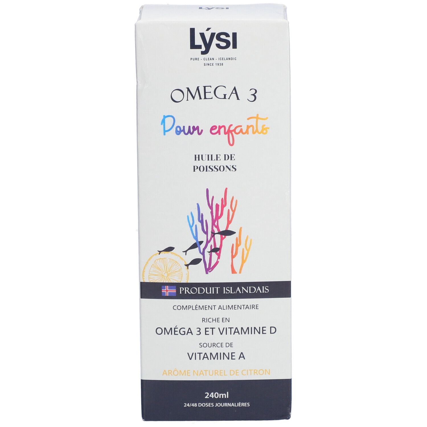 Boîte Lysi Omega 3 pour enfants. Contient Omega 3 et vitamine D. Illustration de poissons et coraux. 240ml. Saveur citron.